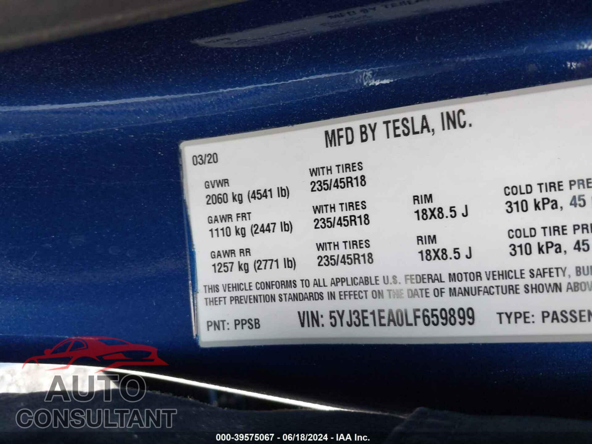 TESLA MODEL 3 2020 - 5YJ3E1EA0LF659899