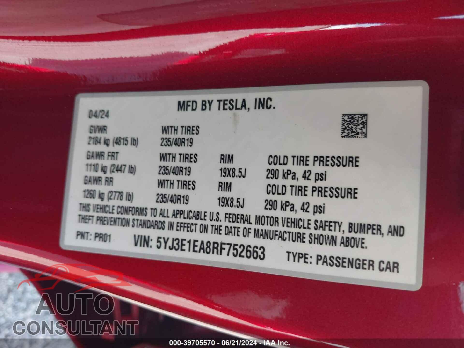 TESLA MODEL 3 2024 - 5YJ3E1EA8RF752663
