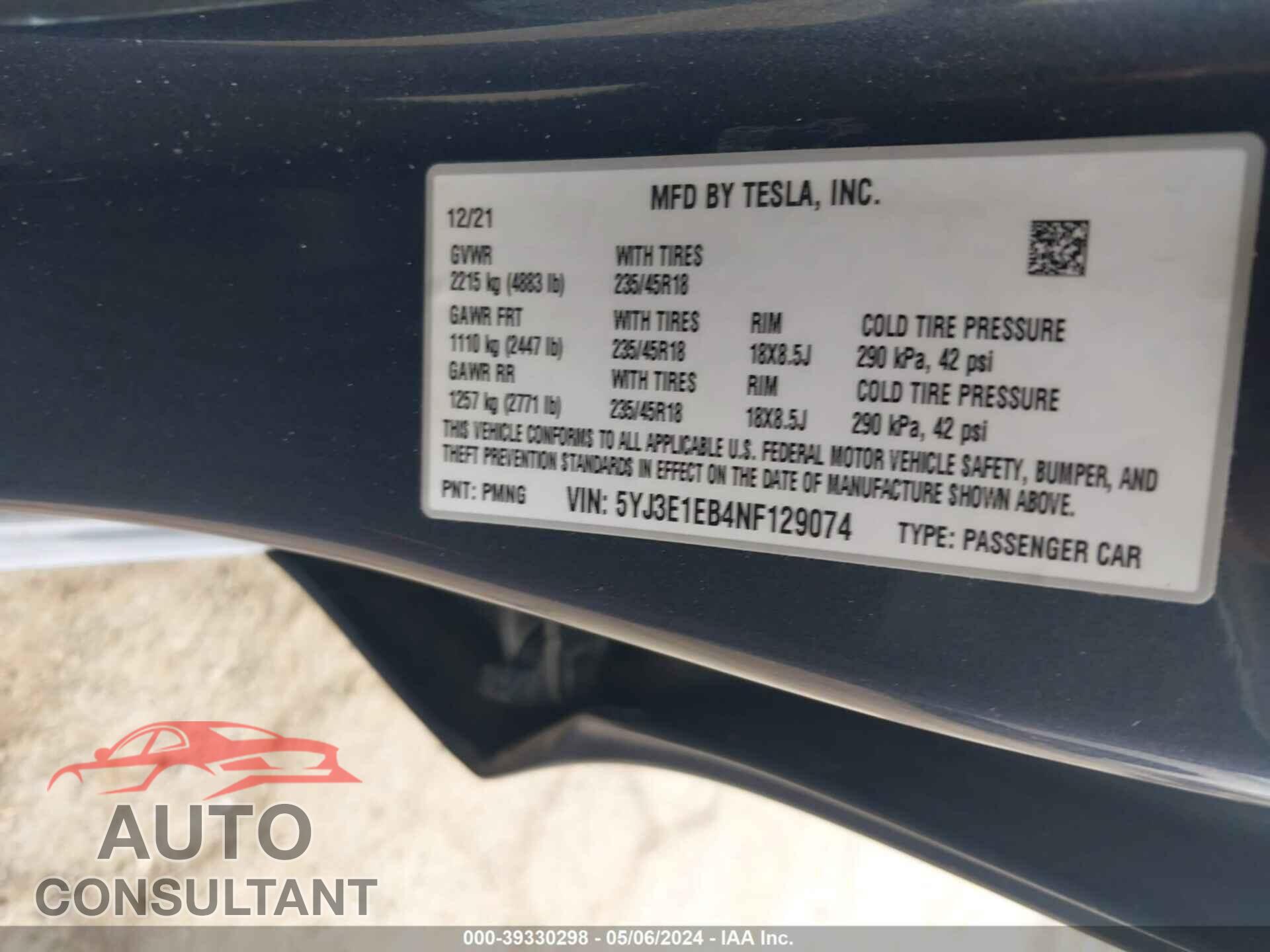 TESLA MODEL 3 2022 - 5YJ3E1EB4NF129074