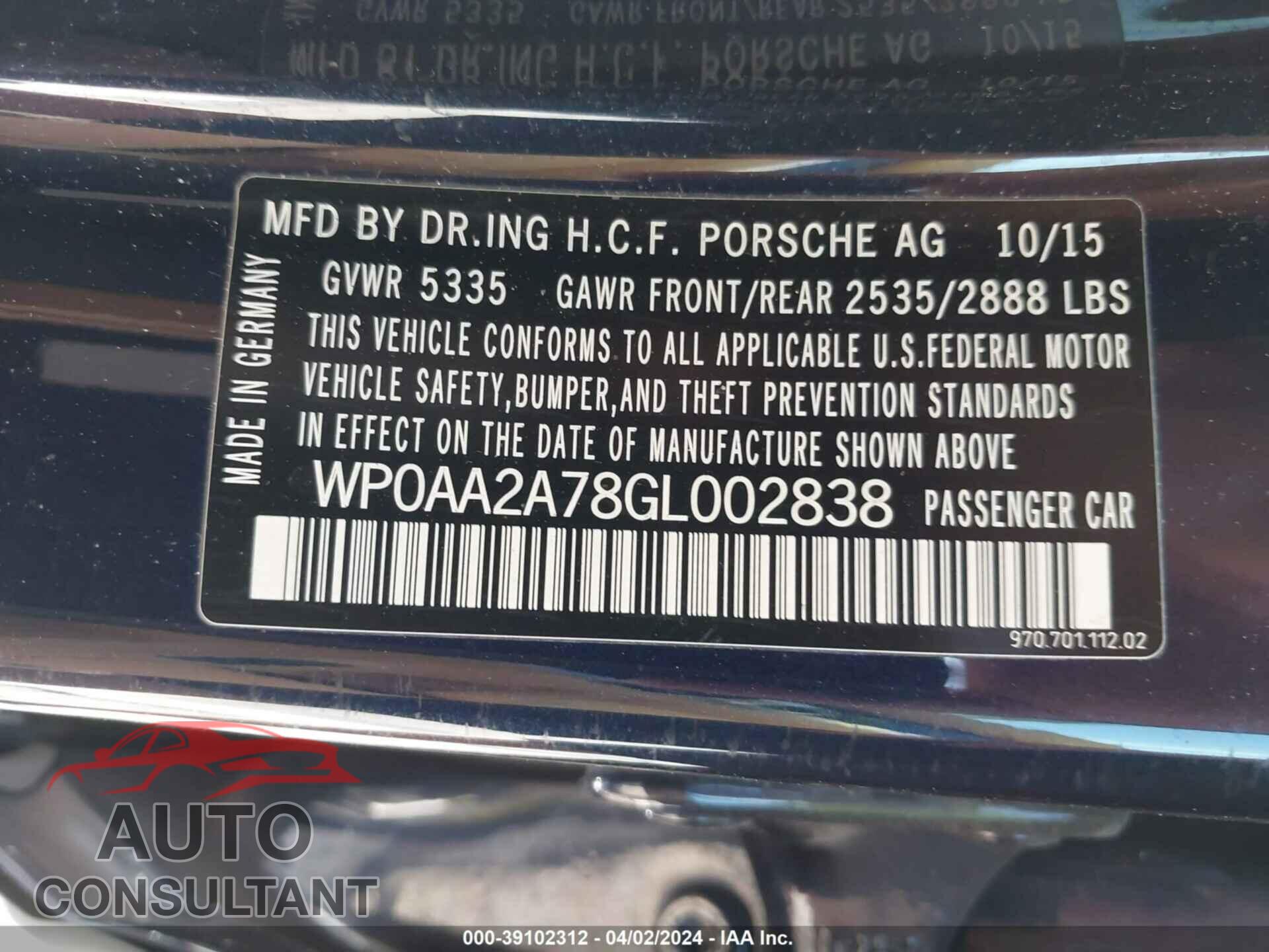 PORSCHE PANAMERA 2016 - WP0AA2A78GL002838