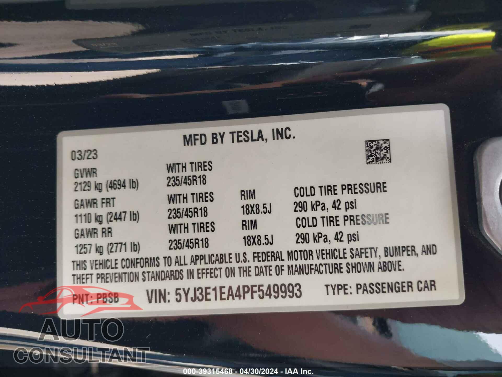 TESLA MODEL 3 2023 - 5YJ3E1EA4PF549993