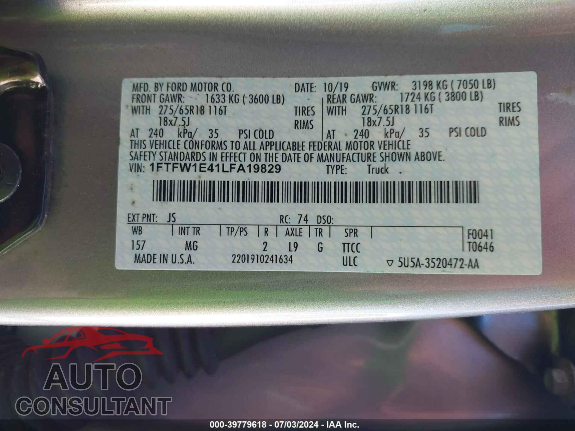FORD F-150 2020 - 1FTFW1E41LFA19829
