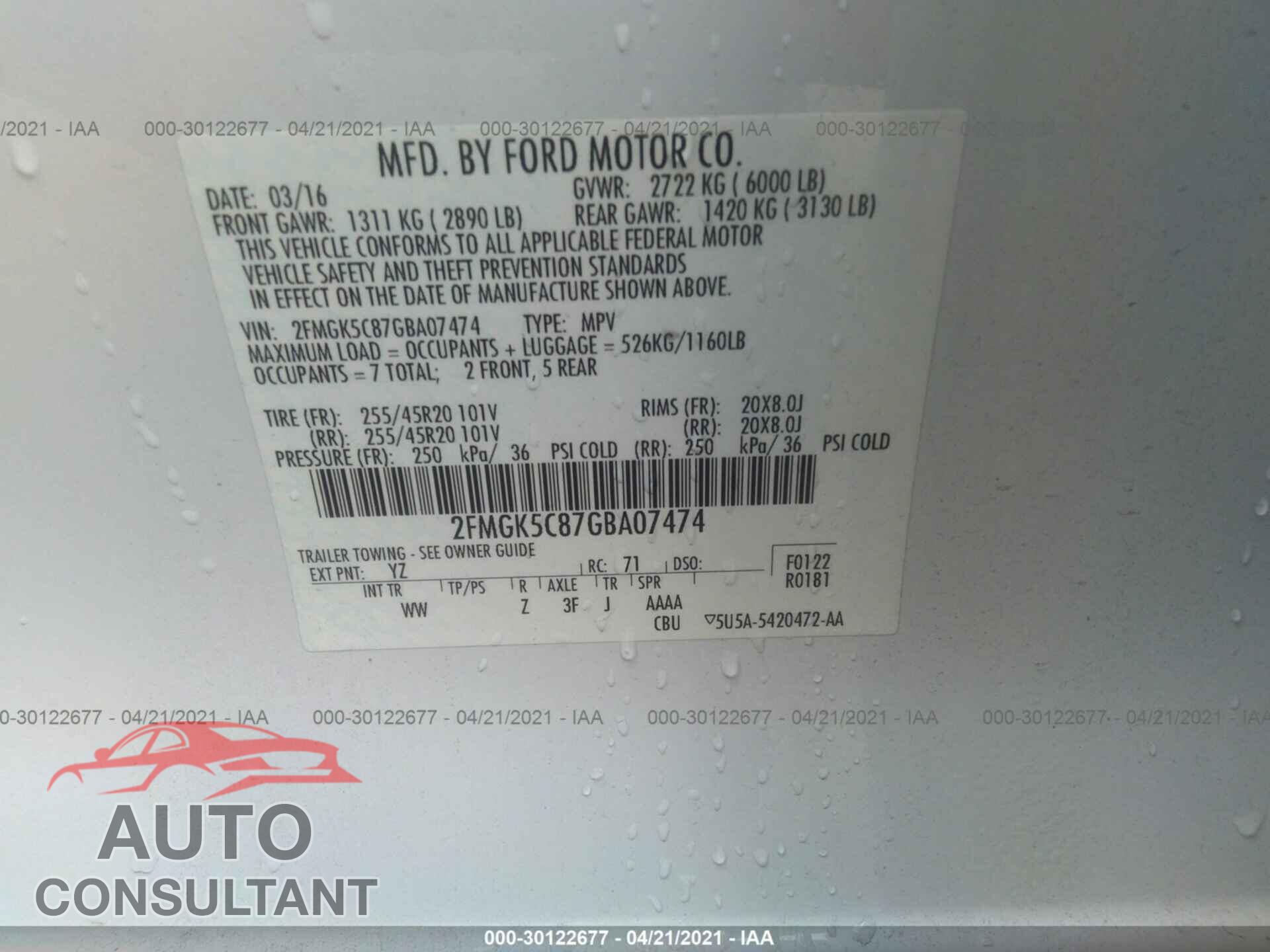 FORD FLEX 2016 - 2FMGK5C87GBA07474
