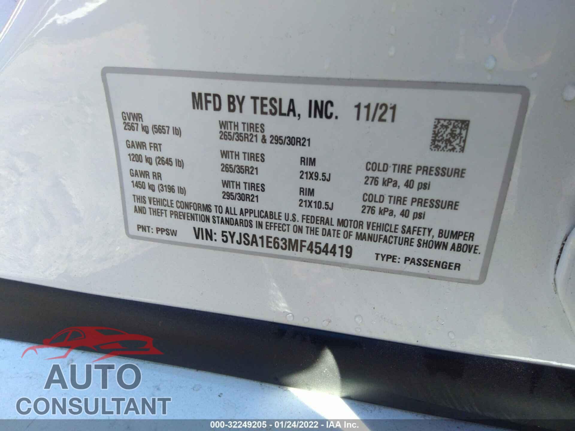 TESLA MODEL S 2021 - 5YJSA1E63MF454419