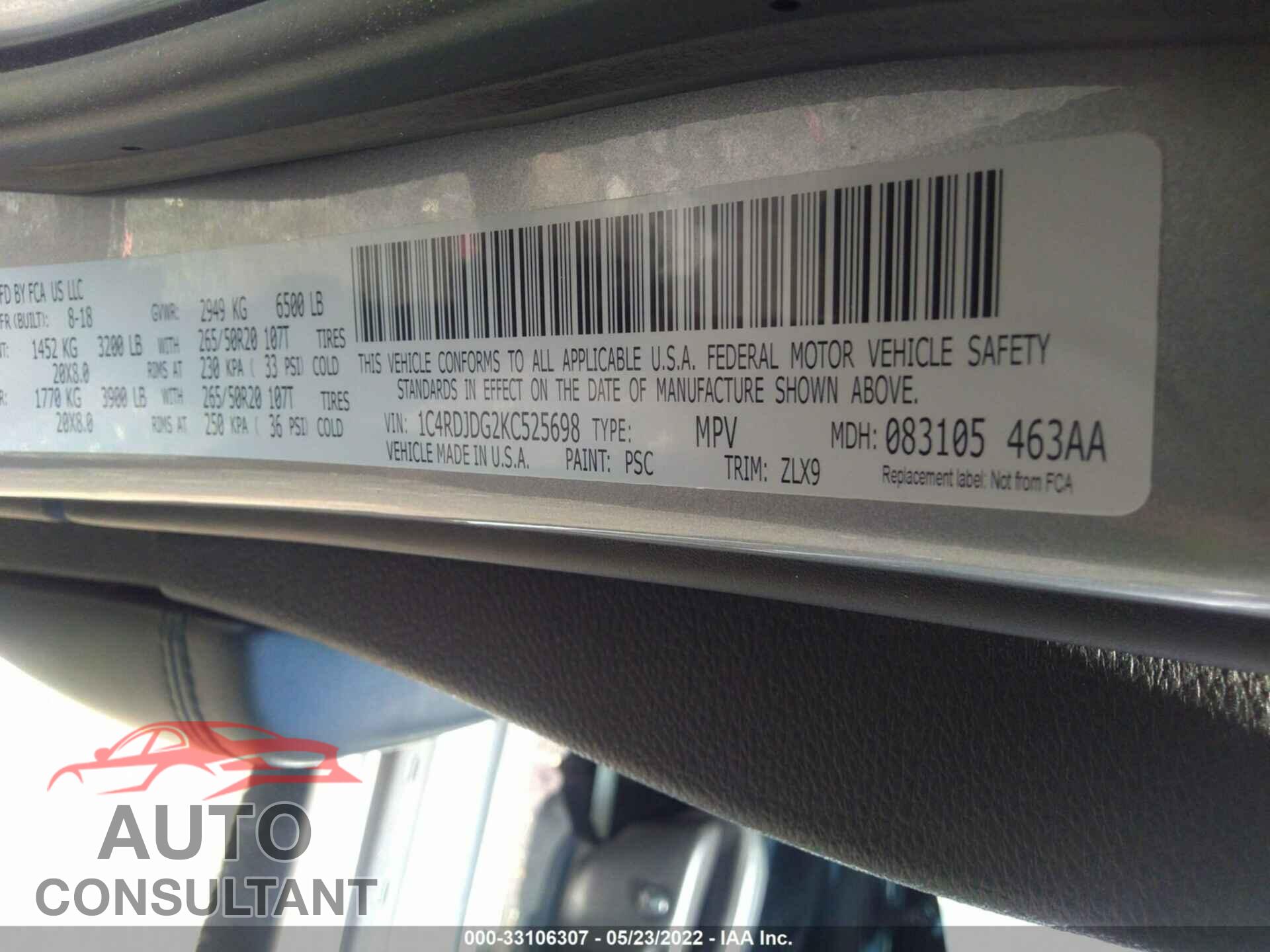 DODGE DURANGO 2019 - 1C4RDJDG2KC525698