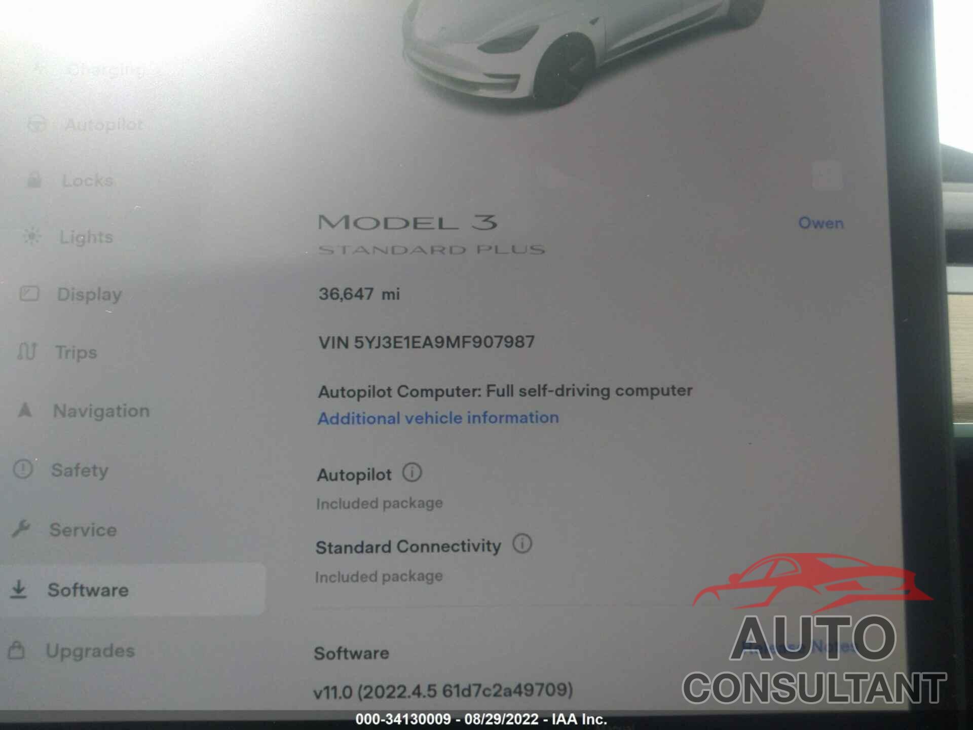 TESLA MODEL 3 2021 - 5YJ3E1EA9MF907987