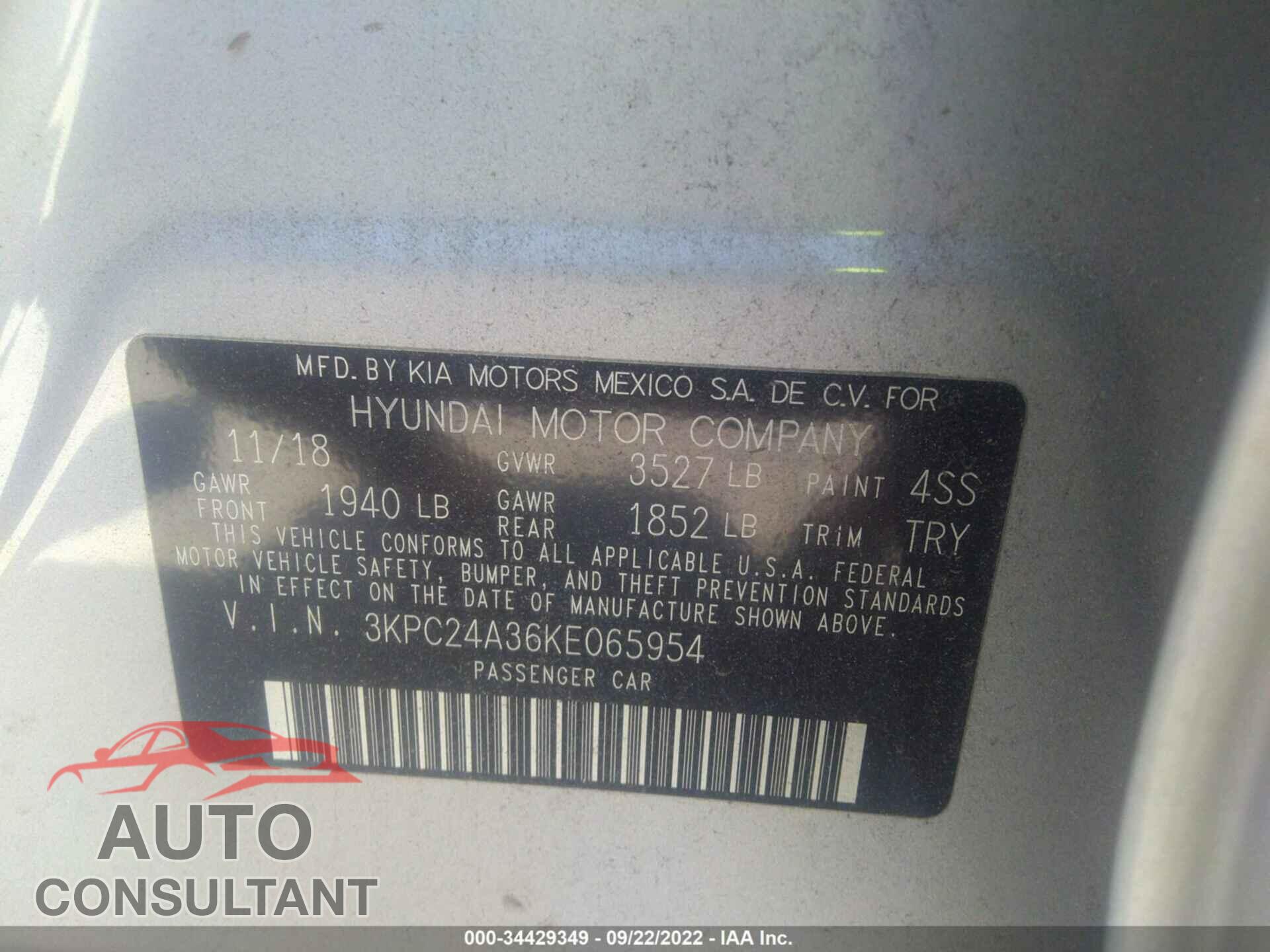 HYUNDAI ACCENT 2019 - 3KPC24A36KE065954