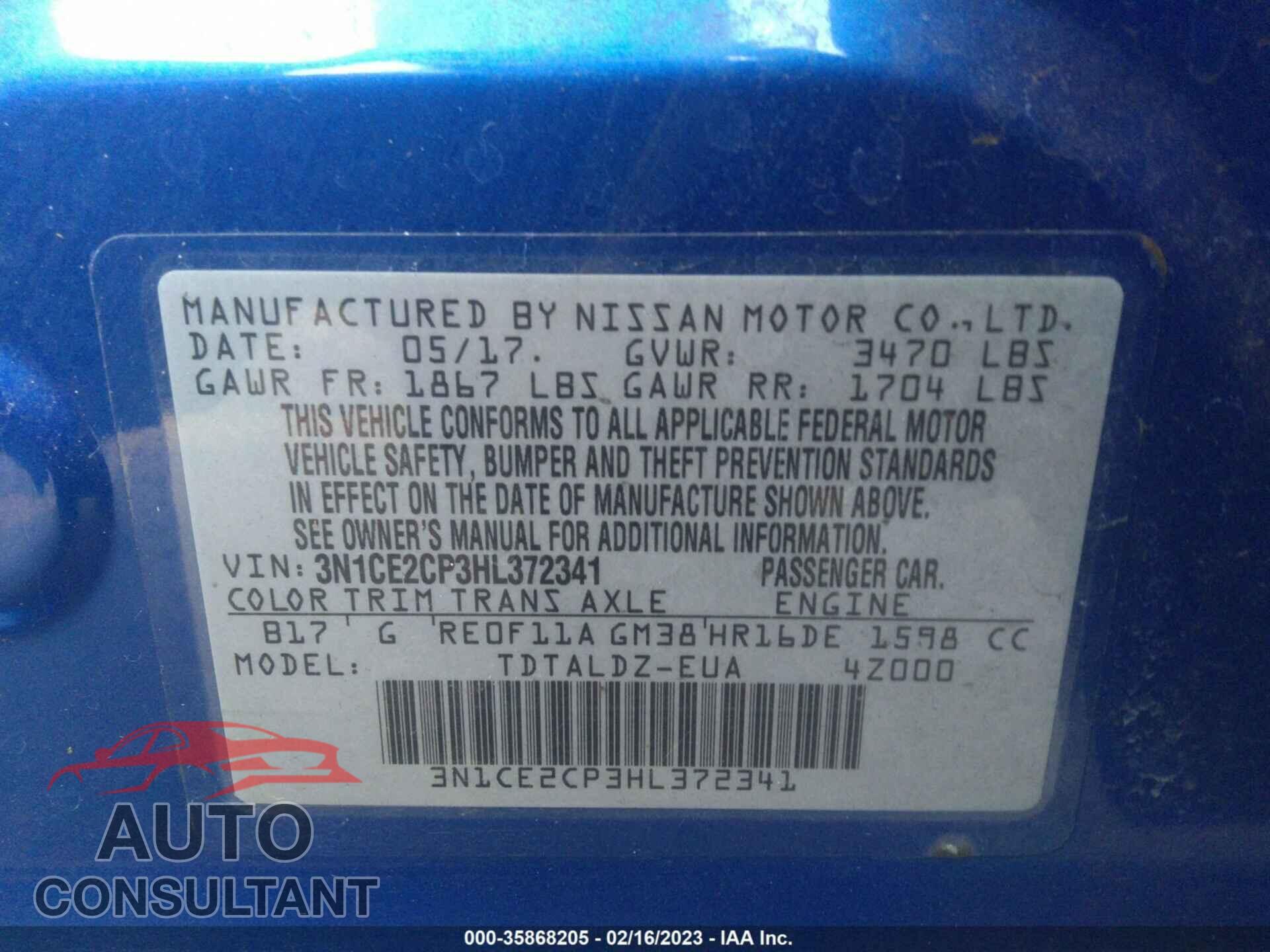 NISSAN VERSA NOTE 2017 - 3N1CE2CP3HL372341