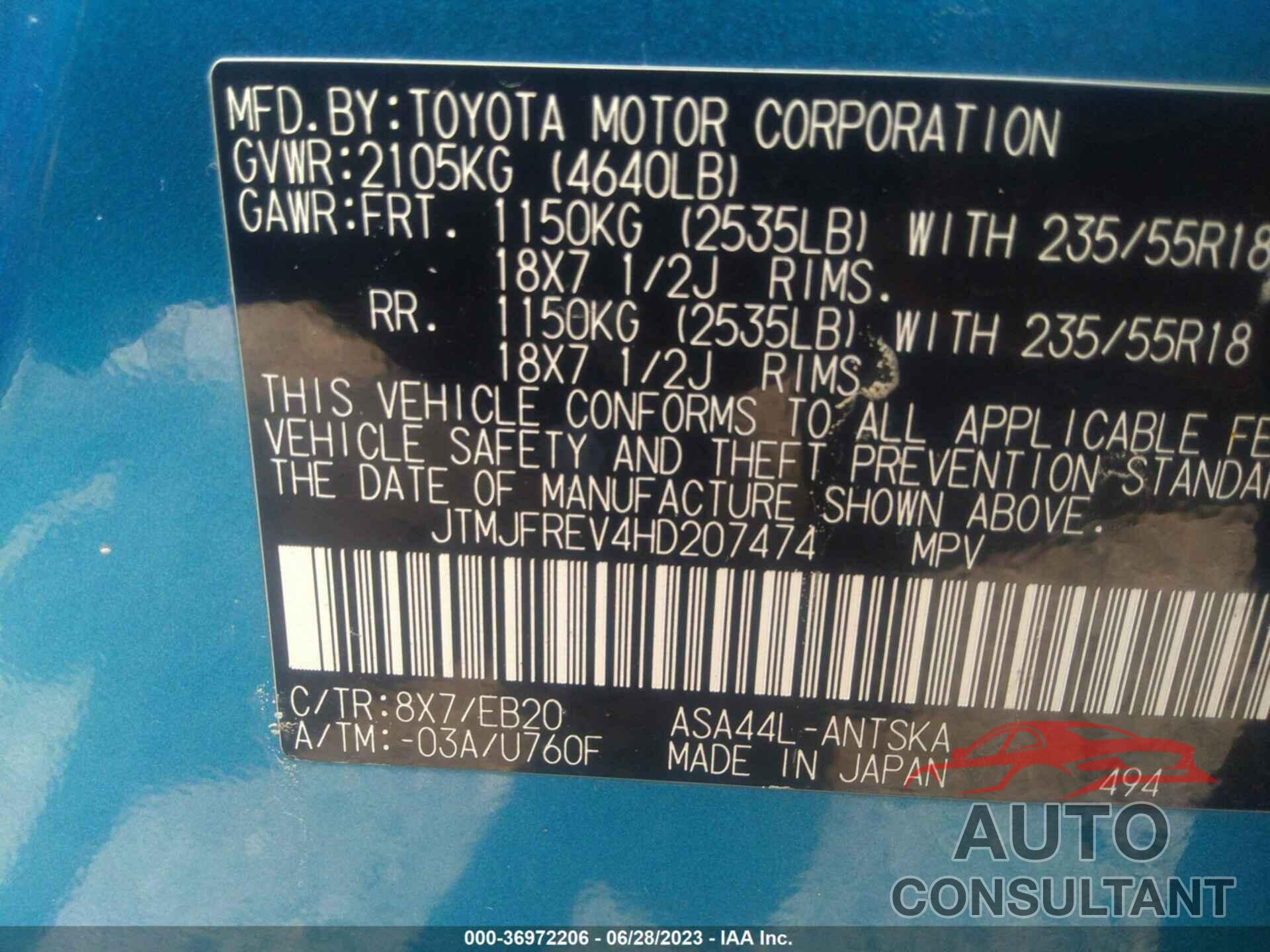 TOYOTA RAV4 2017 - JTMJFREV4HD207474