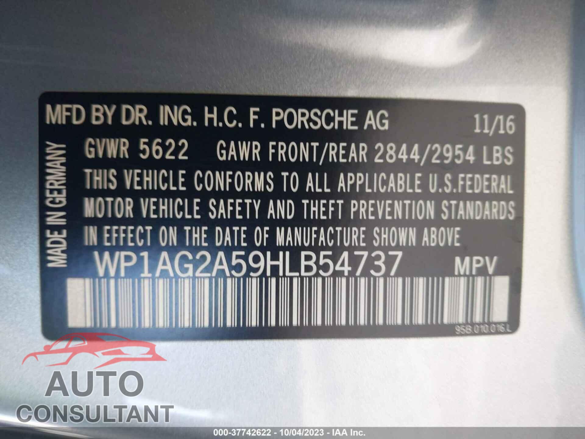 PORSCHE MACAN 2017 - WP1AG2A59HLB54737