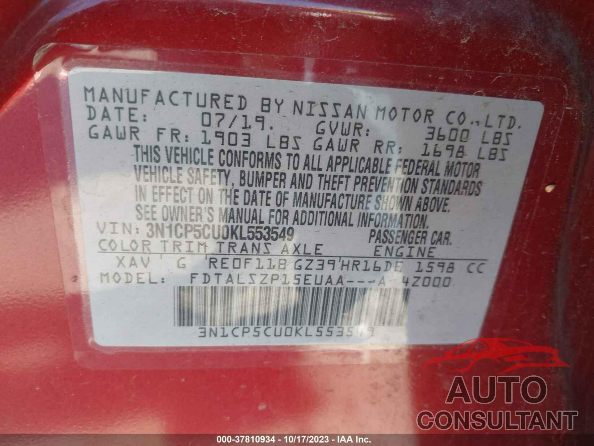 NISSAN KICKS 2019 - 3N1CP5CU0KL553549