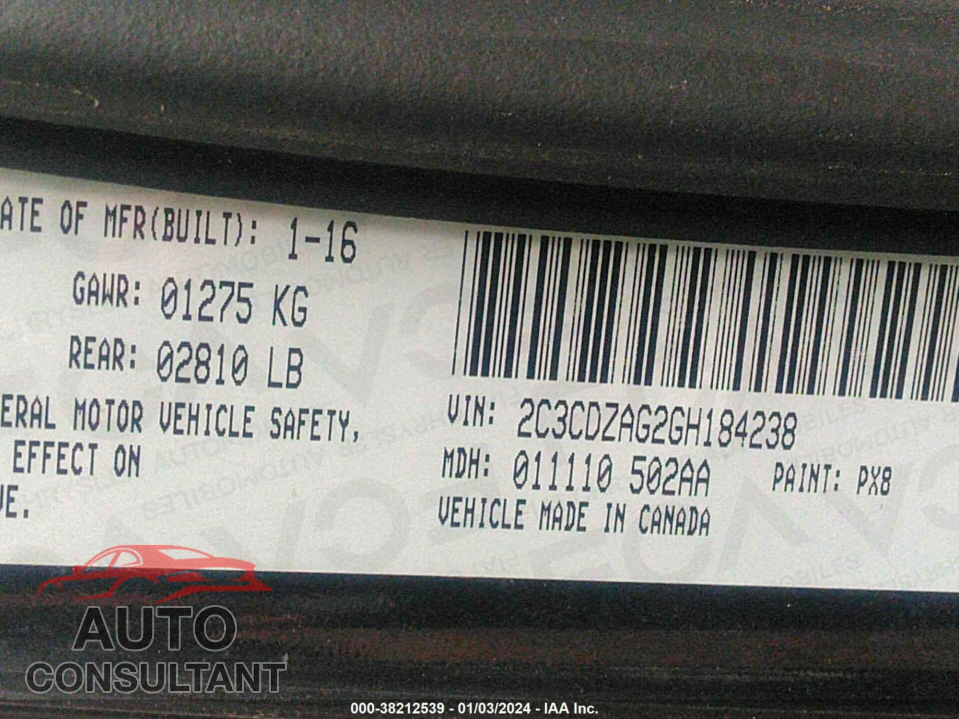 DODGE CHALLENGER 2016 - 2C3CDZAG2GH184238