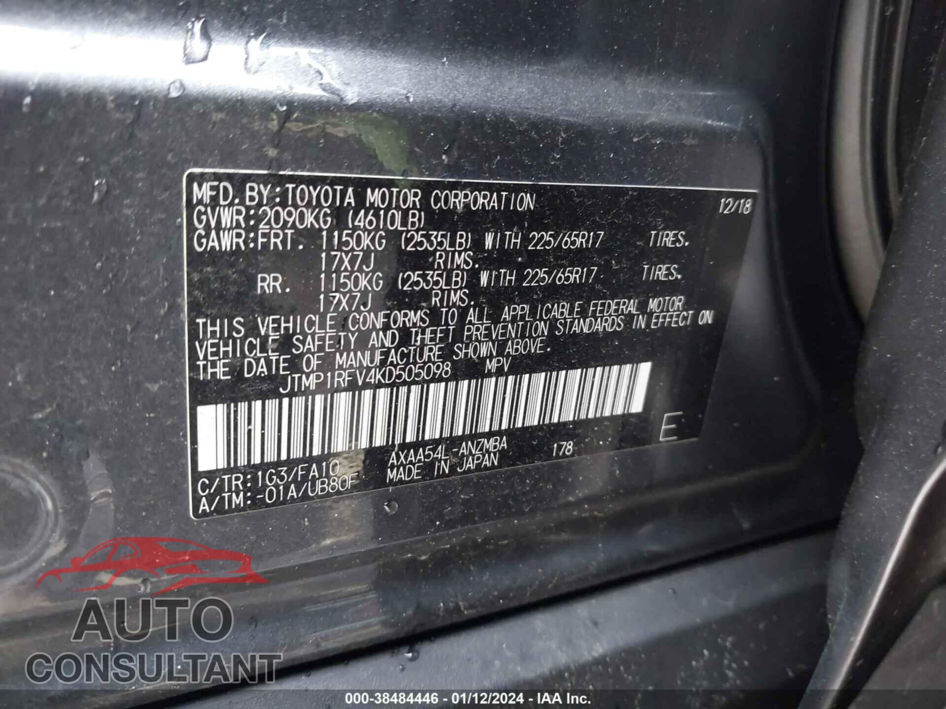 TOYOTA RAV4 2019 - JTMP1RFV4KD505098