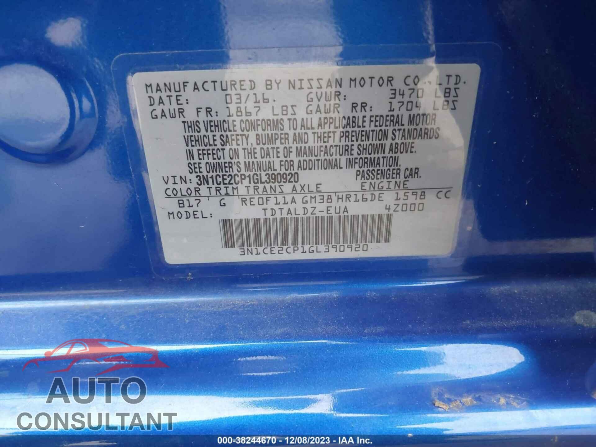 NISSAN VERSA NOTE 2016 - 3N1CE2CP1GL390920