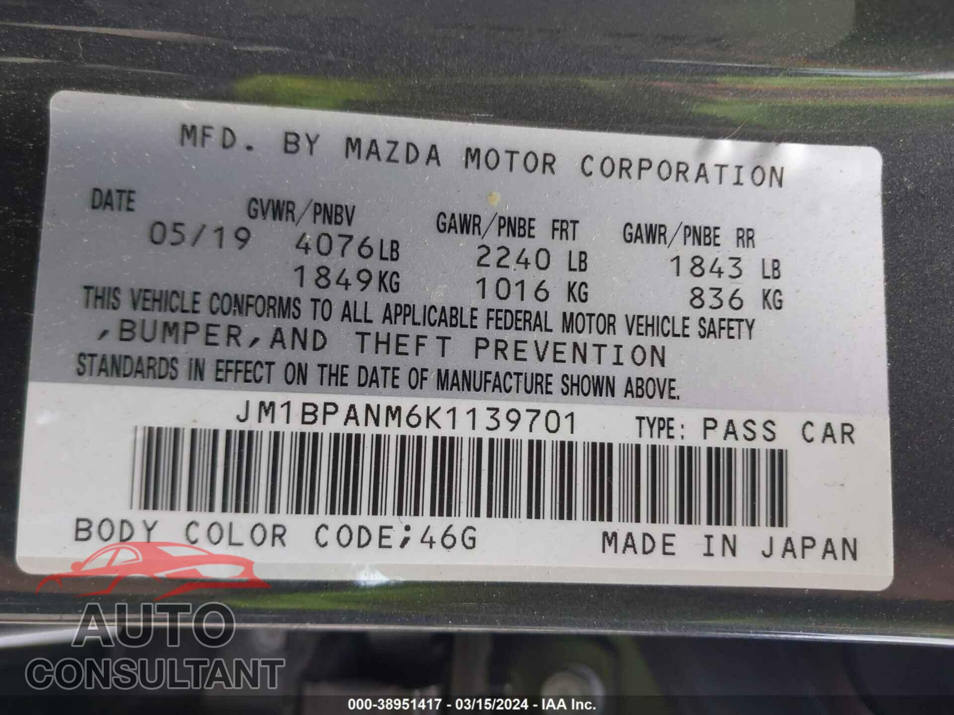 MAZDA 3 2019 - JM1BPANM6K1139701