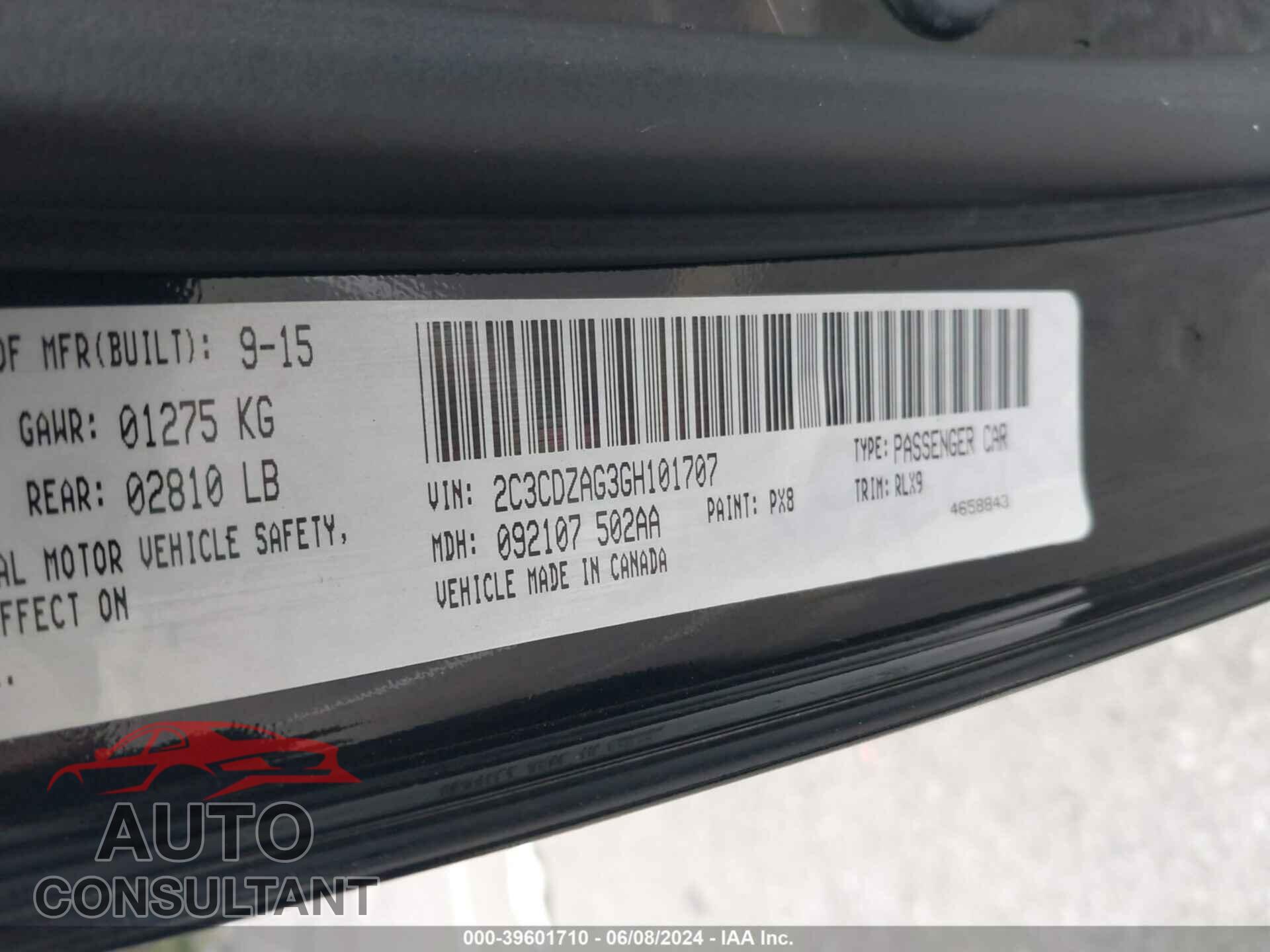 DODGE CHALLENGER 2016 - 2C3CDZAG3GH101707