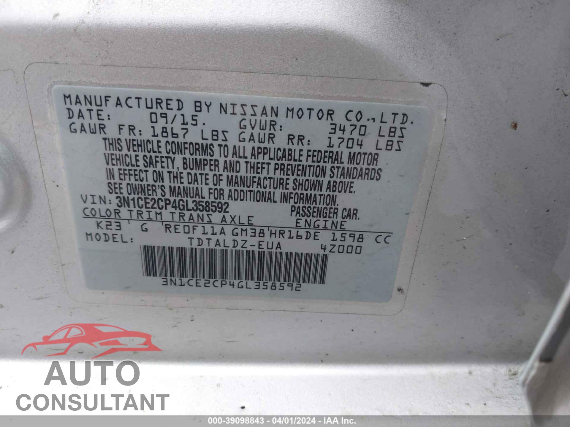 NISSAN VERSA NOTE 2016 - 3N1CE2CP4GL358592