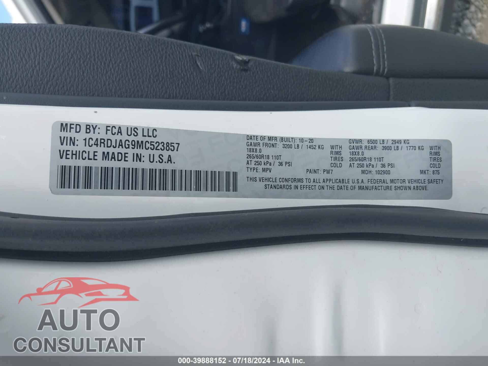 DODGE DURANGO 2021 - 1C4RDJAG9MC523857