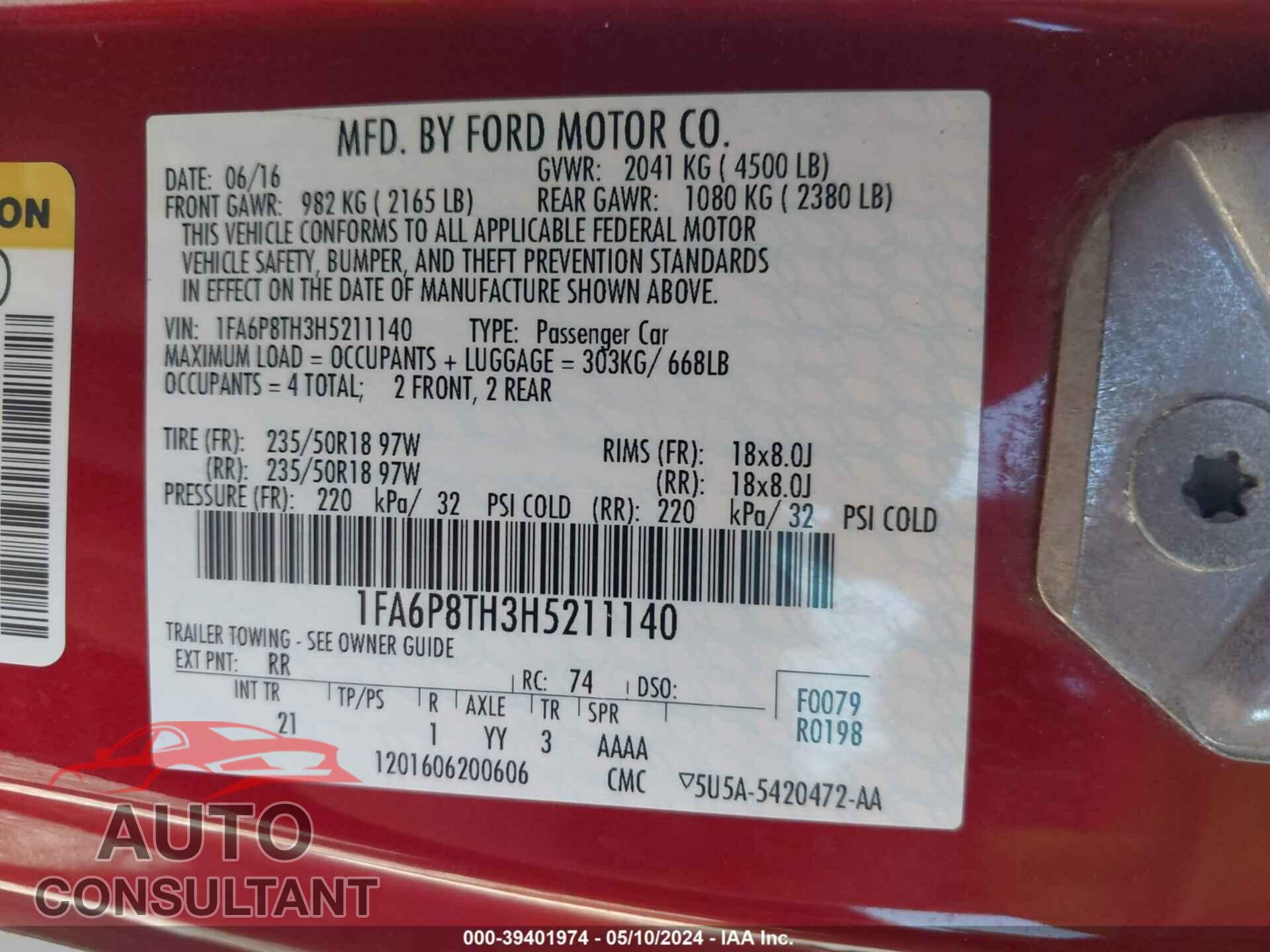 FORD MUSTANG 2017 - 1FA6P8TH3H5211140