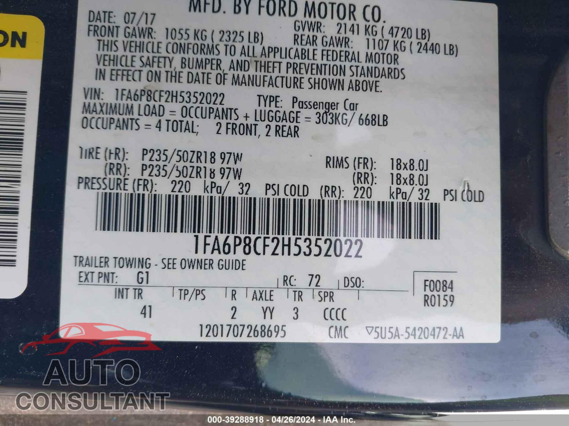 FORD MUSTANG 2017 - 1FA6P8CF2H5352022