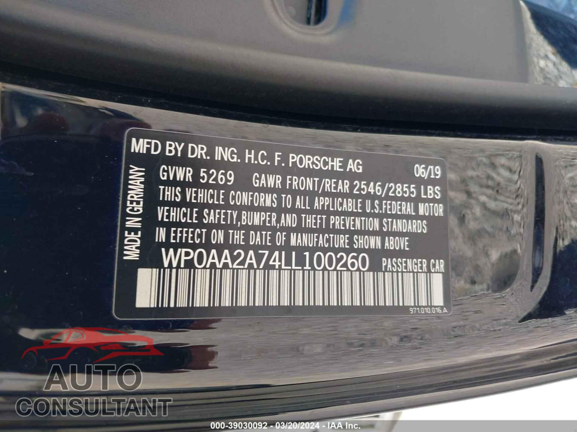 PORSCHE PANAMERA 2020 - WP0AA2A74LL100260