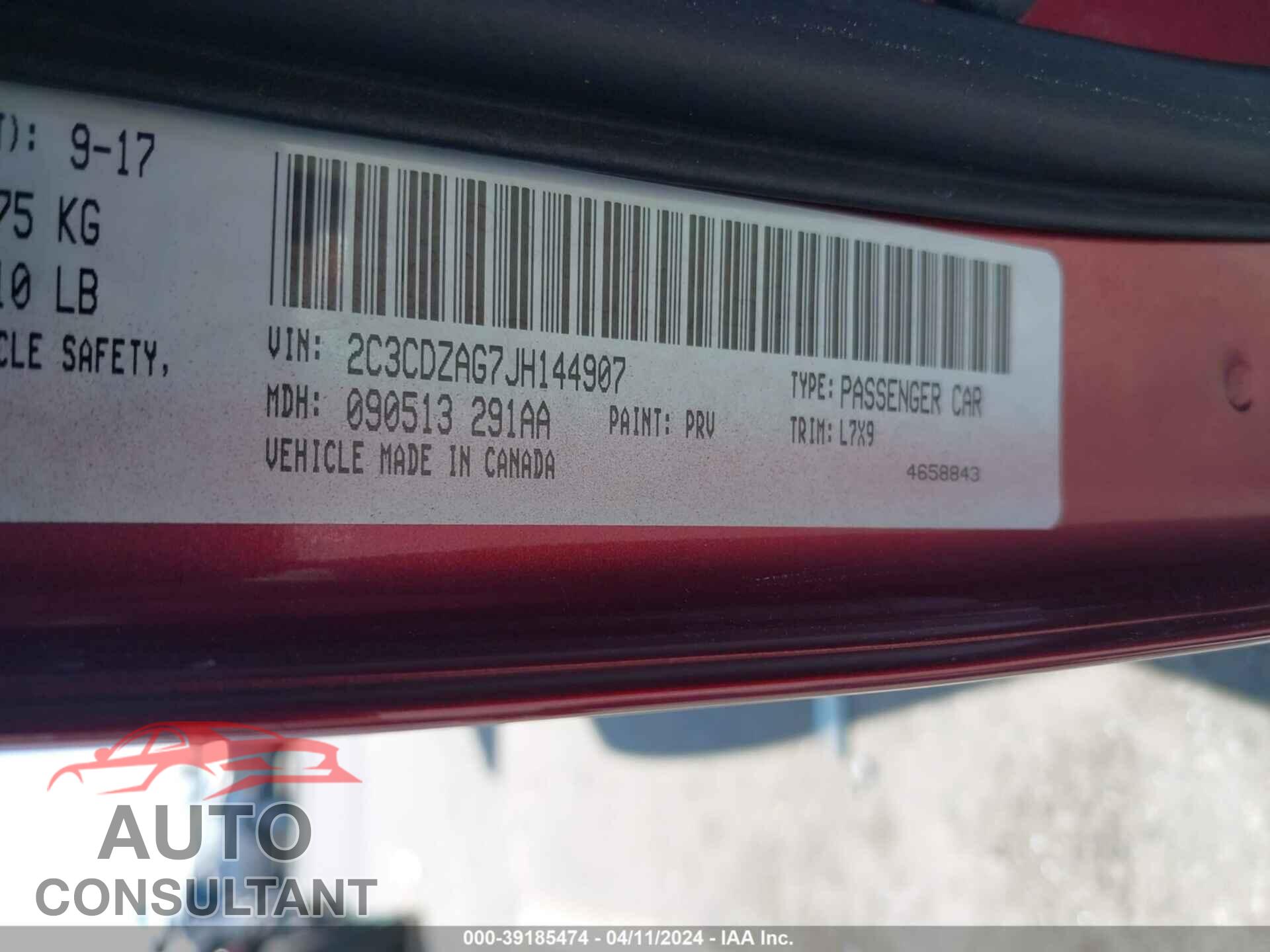 DODGE CHALLENGER 2018 - 2C3CDZAG7JH144907