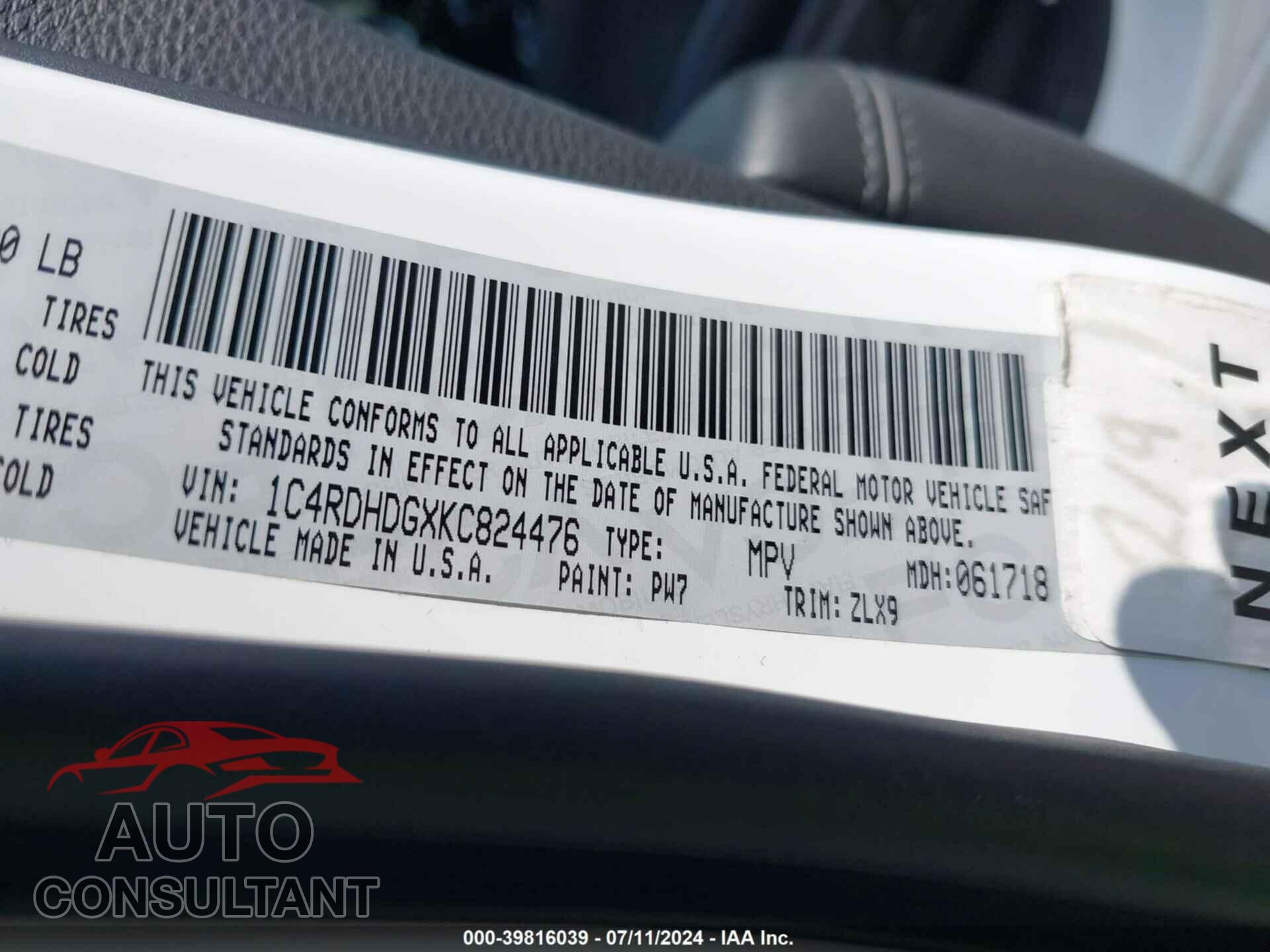 DODGE DURANGO 2019 - 1C4RDHDGXKC824476