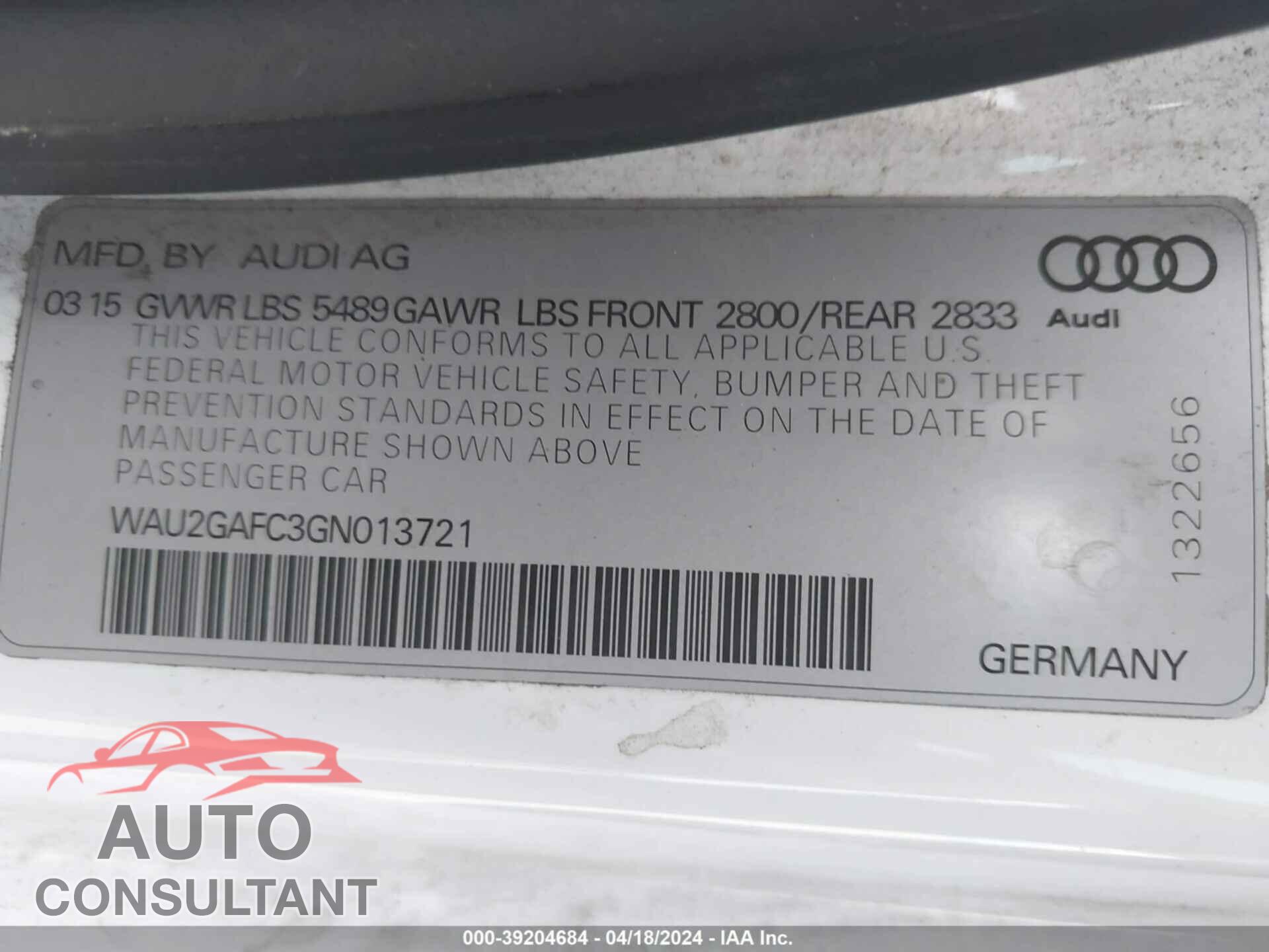 AUDI A7 2016 - WAU2GAFC3GN013721