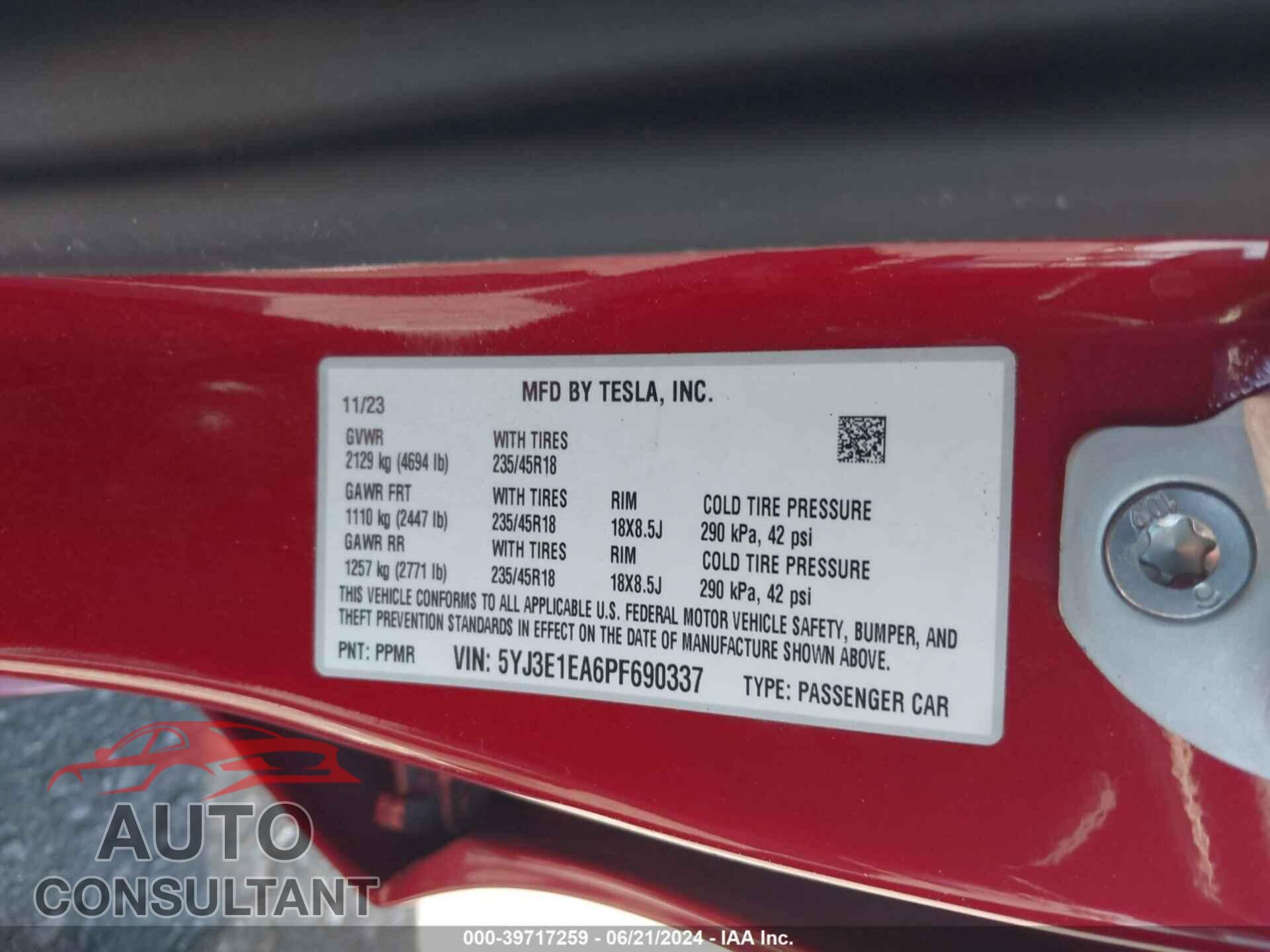 TESLA MODEL 3 2023 - 5YJ3E1EA6PF690337