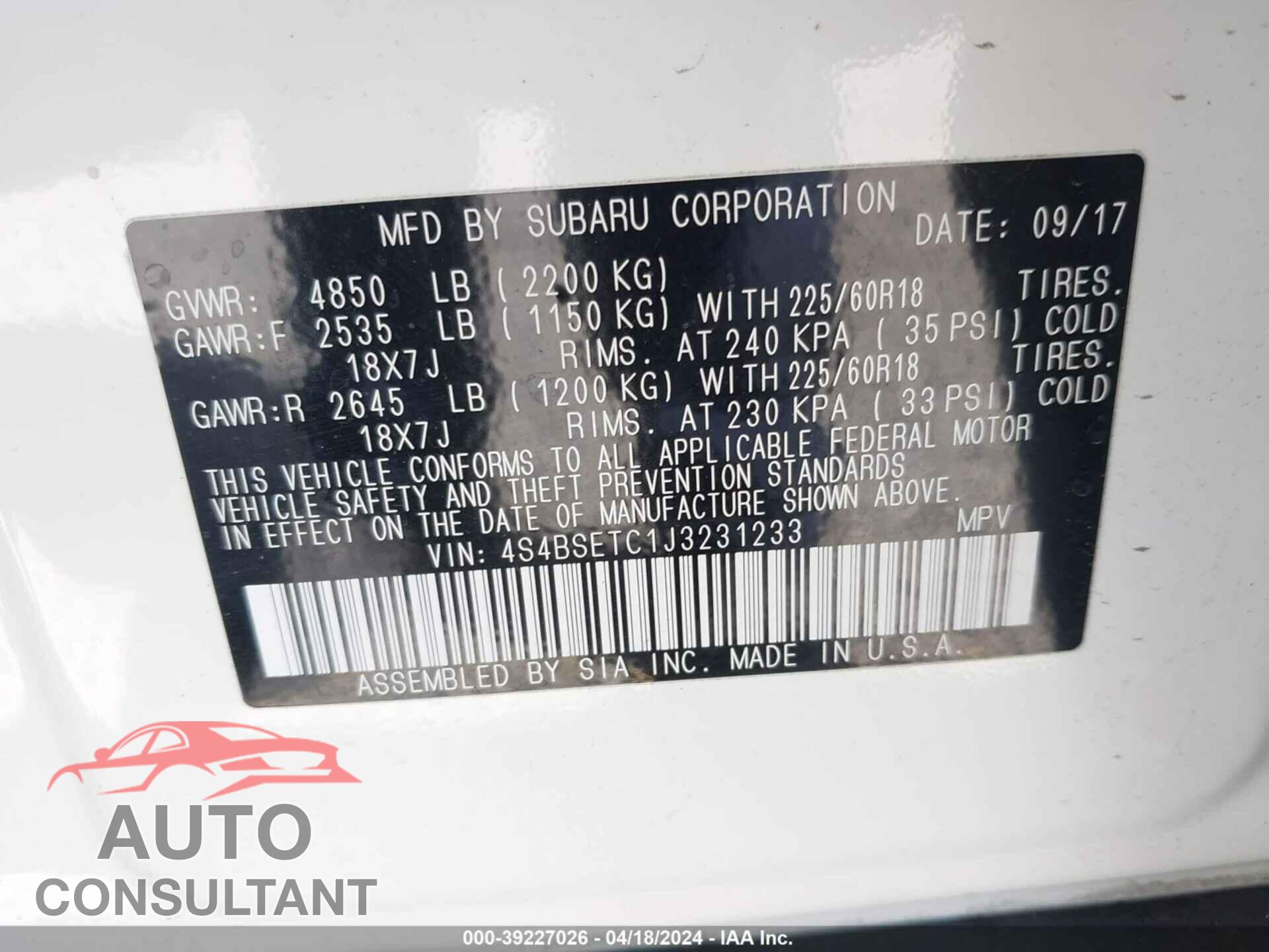 SUBARU OUTBACK 2018 - 4S4BSETC1J3231233
