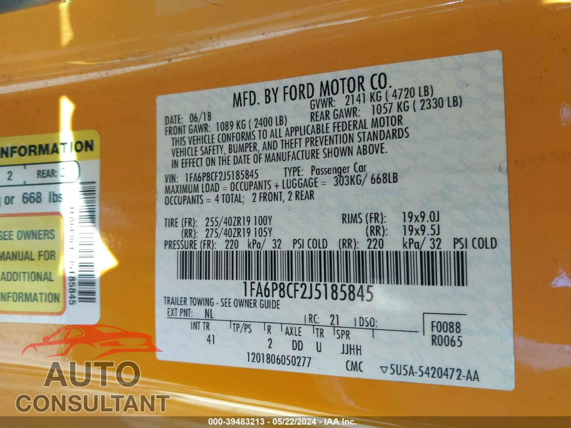 FORD MUSTANG 2018 - 1FA6P8CF2J5185845