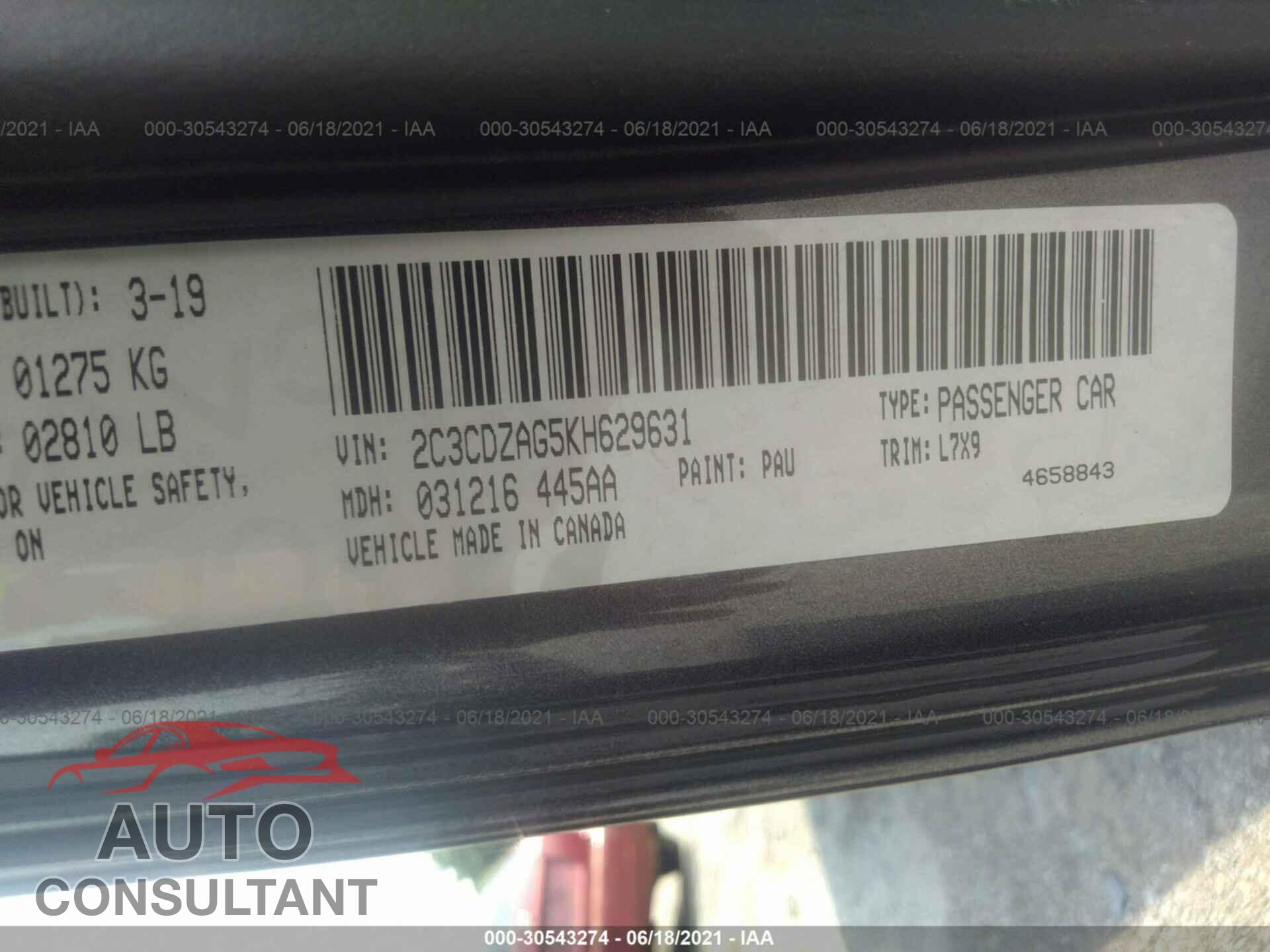 DODGE CHALLENGER 2019 - 2C3CDZAG5KH629631