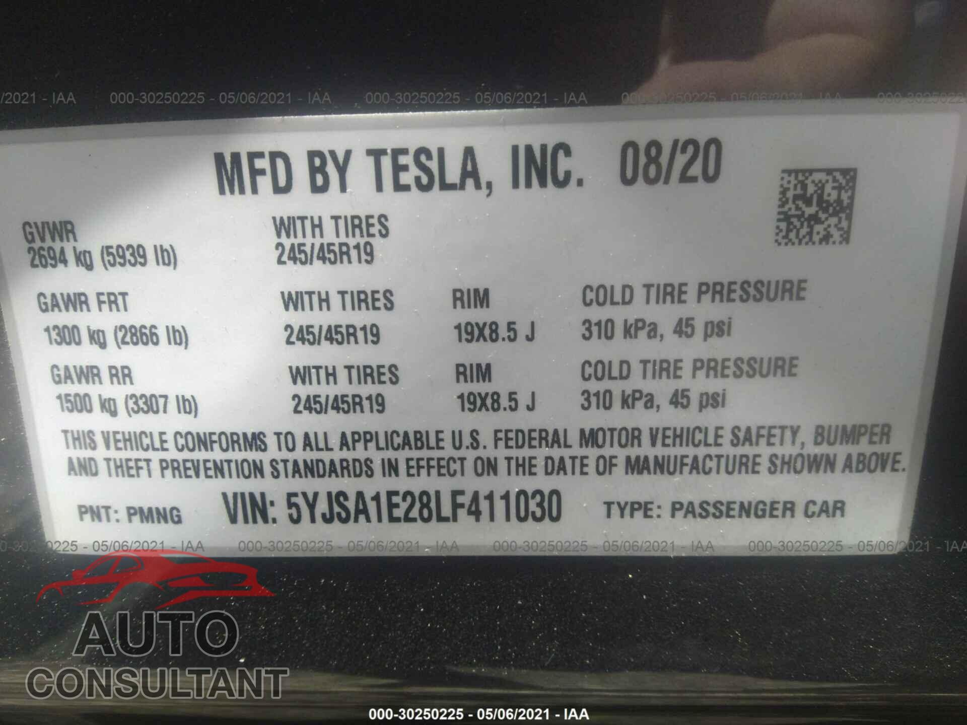 TESLA MODEL S 2020 - 5YJSA1E28LF411030