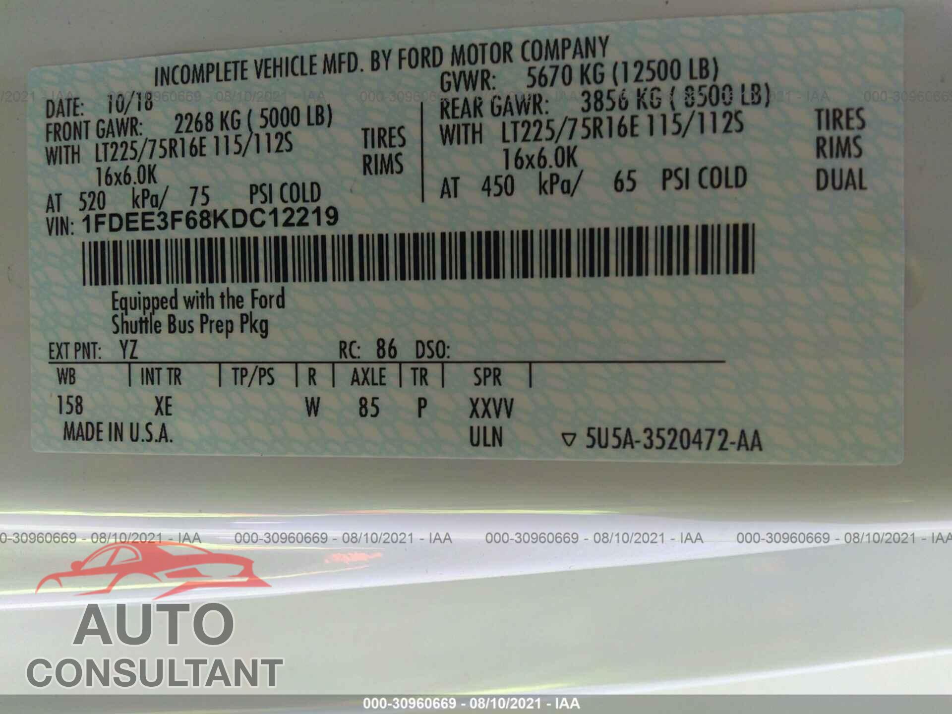 FORD E-350 CUTAWAY 2019 - 1FDEE3F68KDC12219