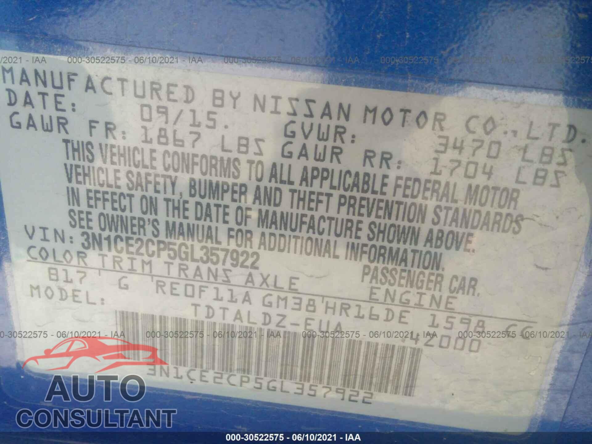 NISSAN VERSA NOTE 2016 - 3N1CE2CP5GL357922