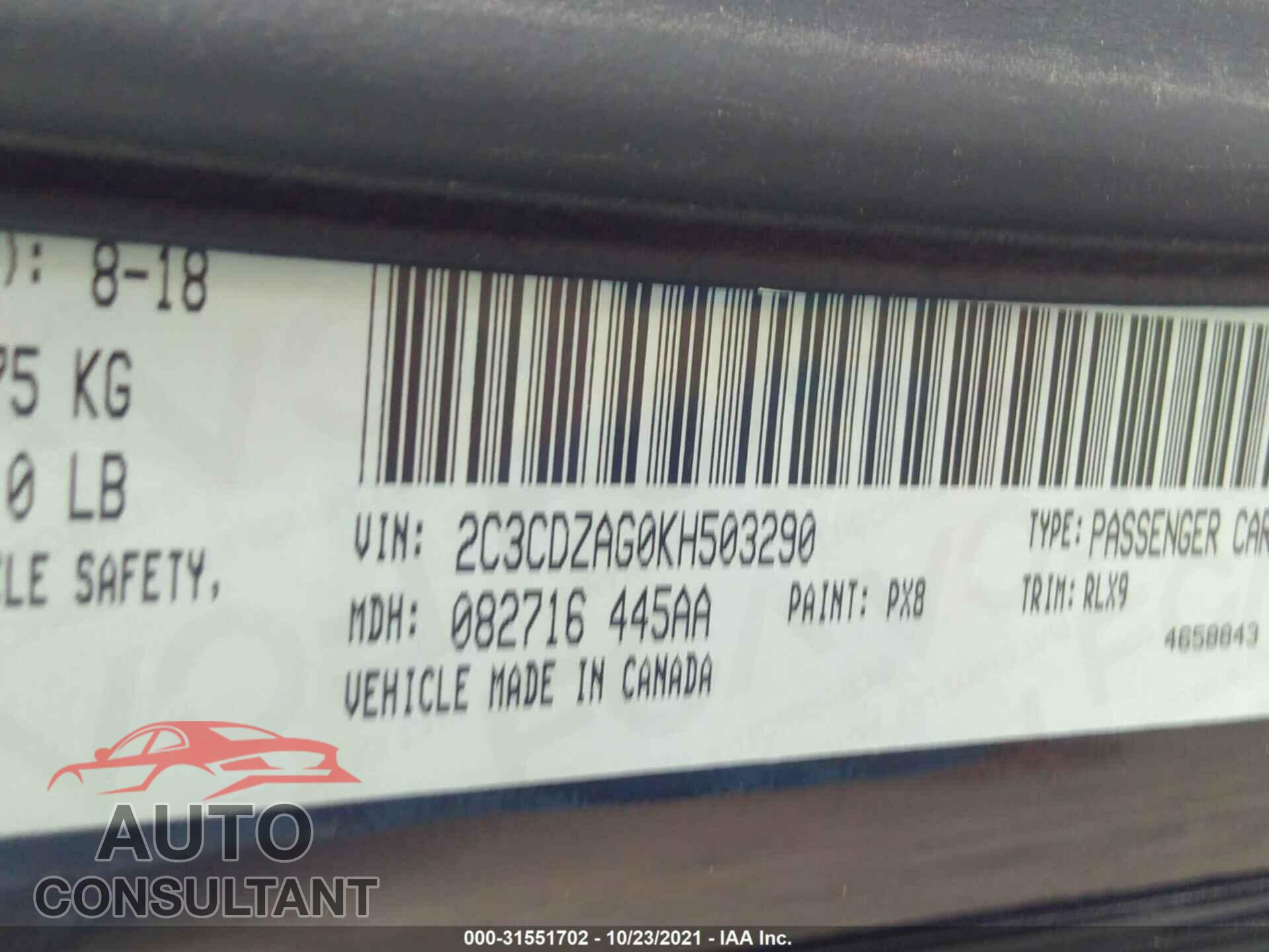 DODGE CHALLENGER 2019 - 2C3CDZAG0KH503290