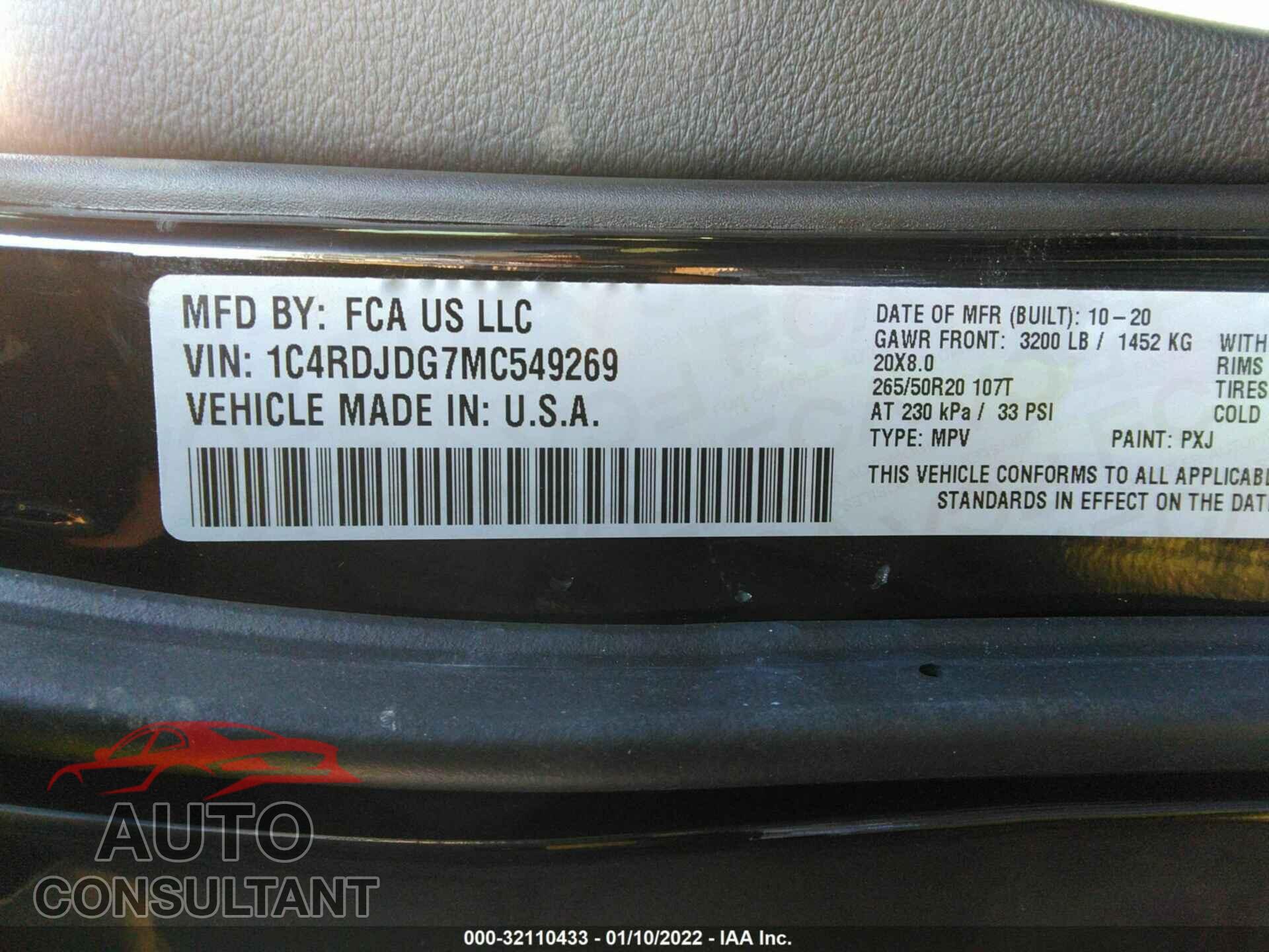 DODGE DURANGO 2021 - 1C4RDJDG7MC549269