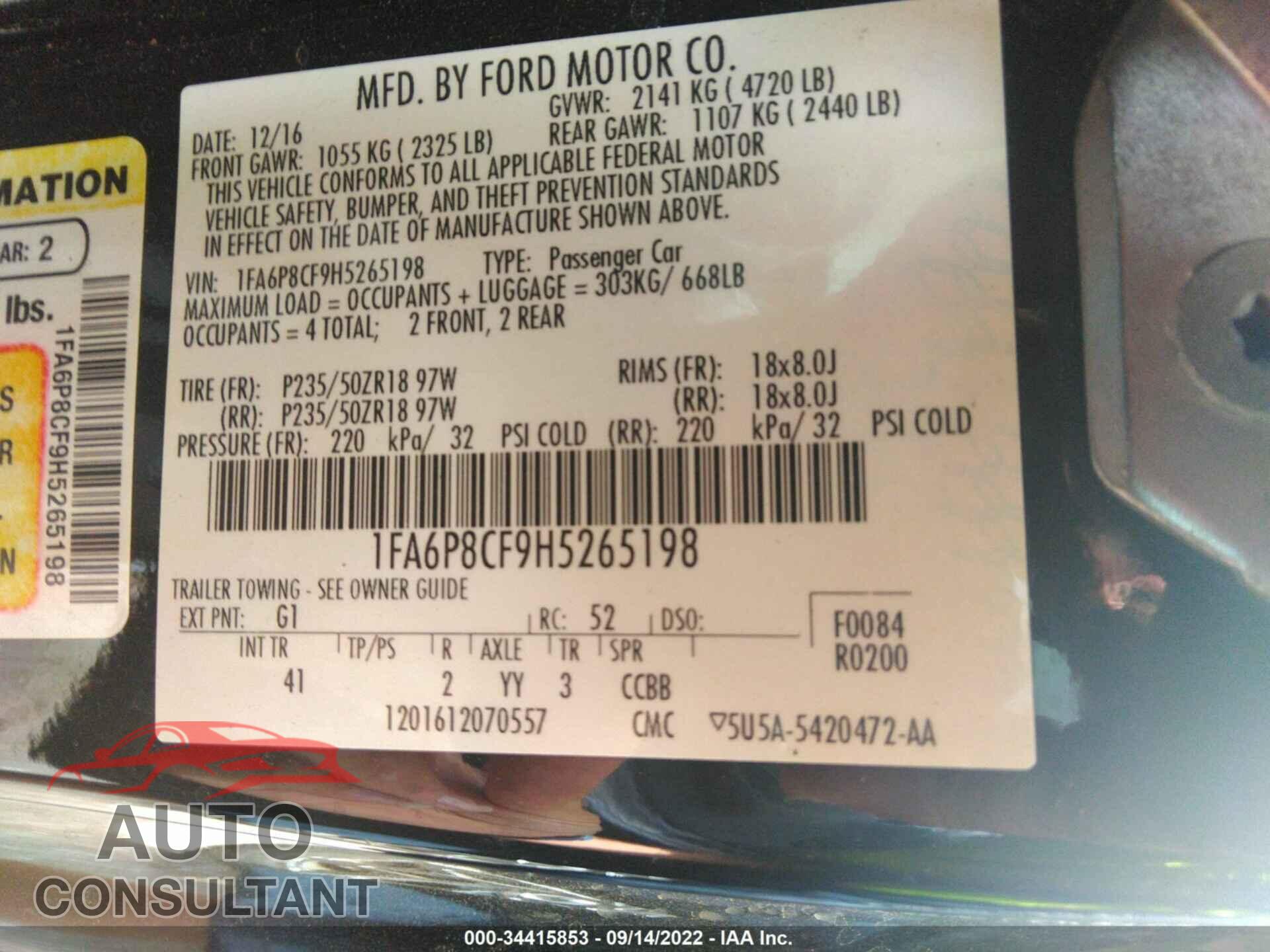 FORD MUSTANG 2017 - 1FA6P8CF9H5265198