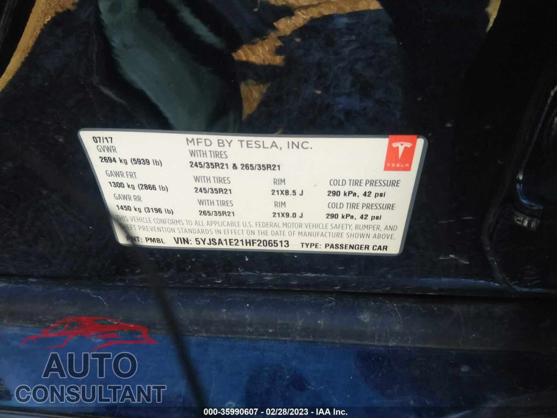 TESLA MODEL S 2017 - 5YJSA1E21HF206513