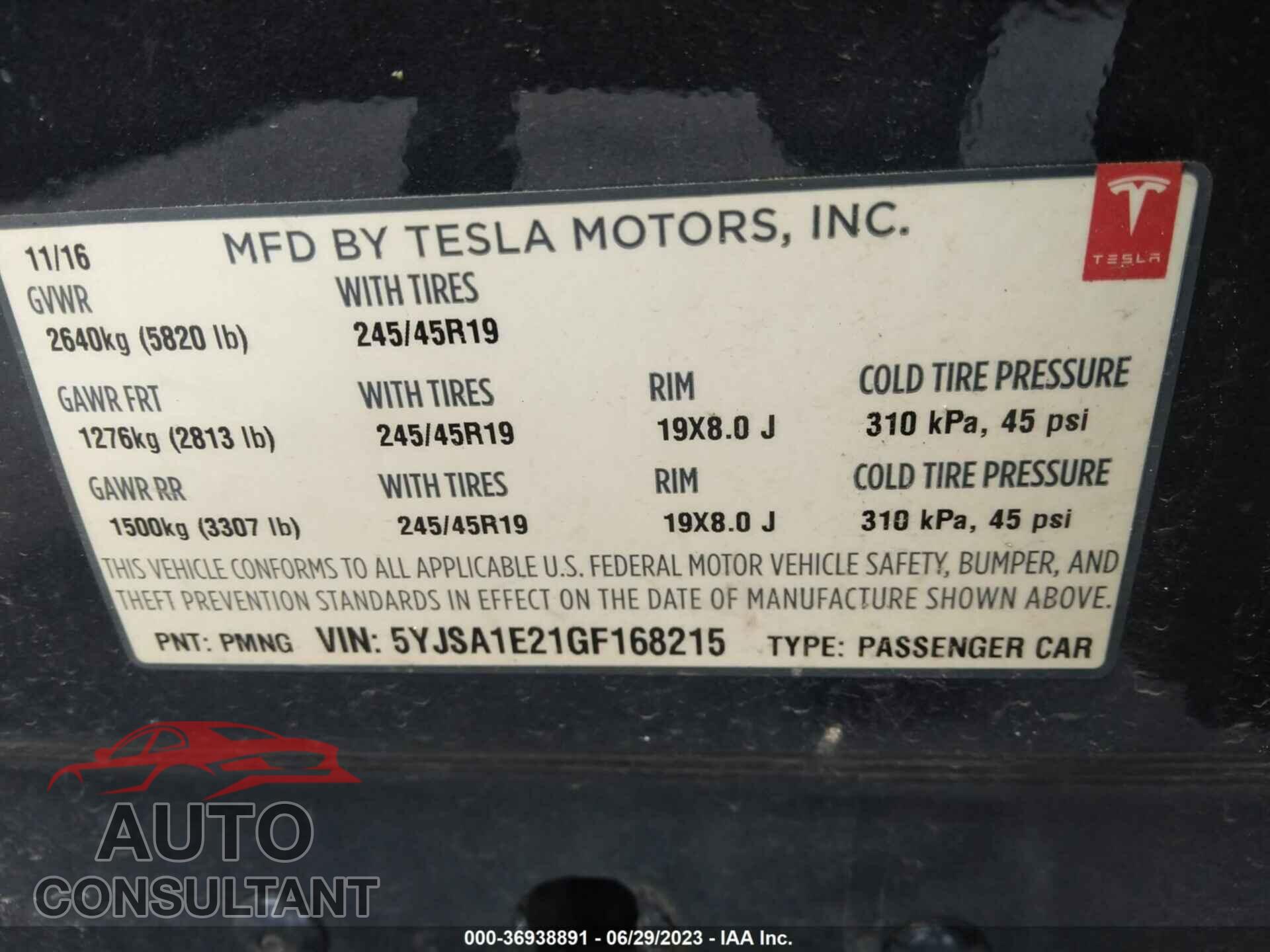 TESLA MODEL S 2016 - 5YJSA1E21GF168215