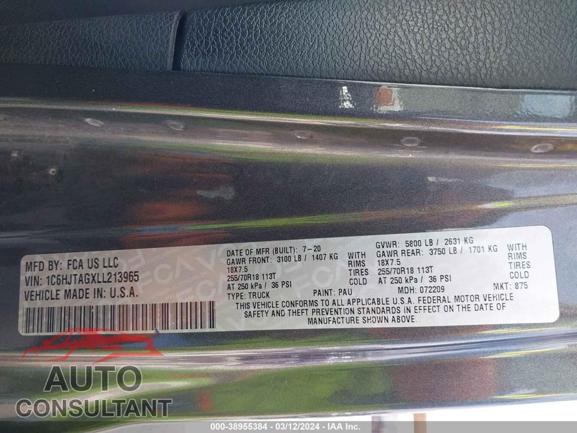 JEEP GLADIATOR 2020 - 1C6HJTAGXLL213965
