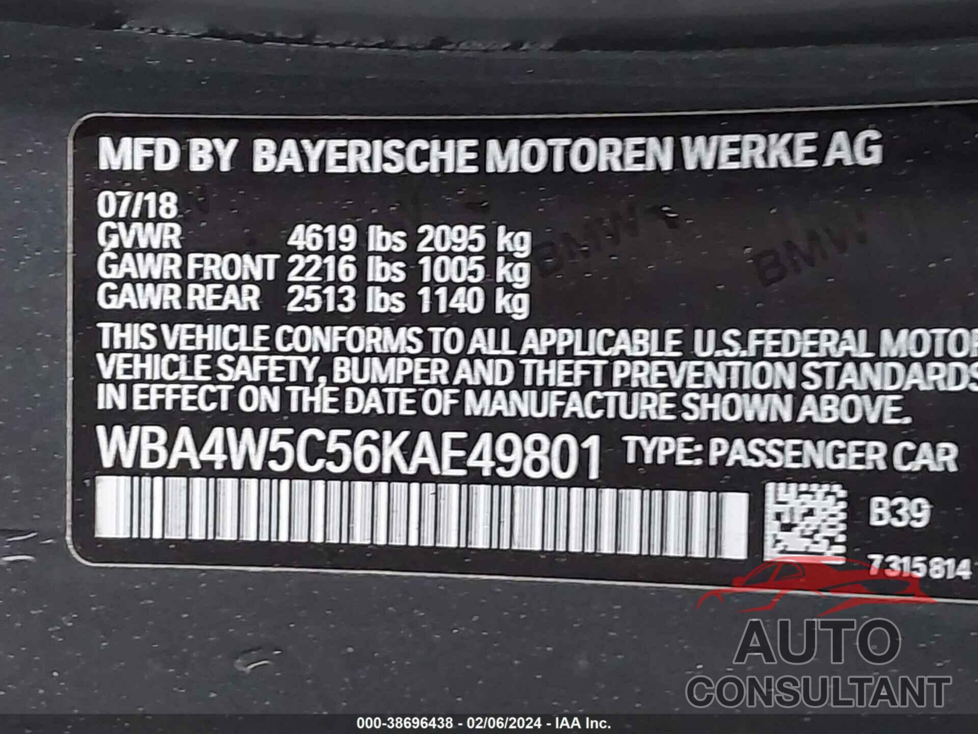 BMW 430I 2019 - WBA4W5C56KAE49801