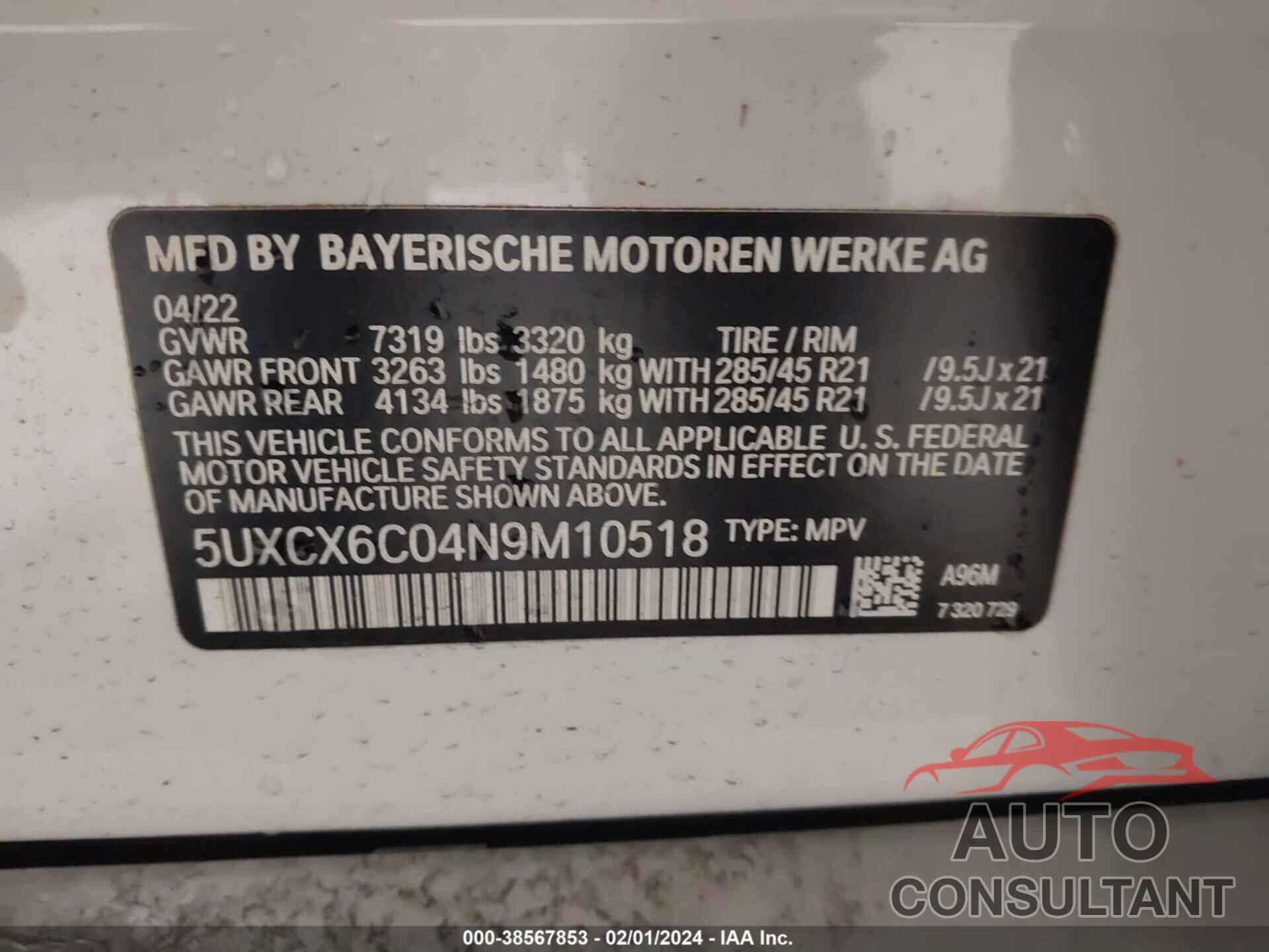 BMW X7 2022 - 5UXCX6C04N9M10518