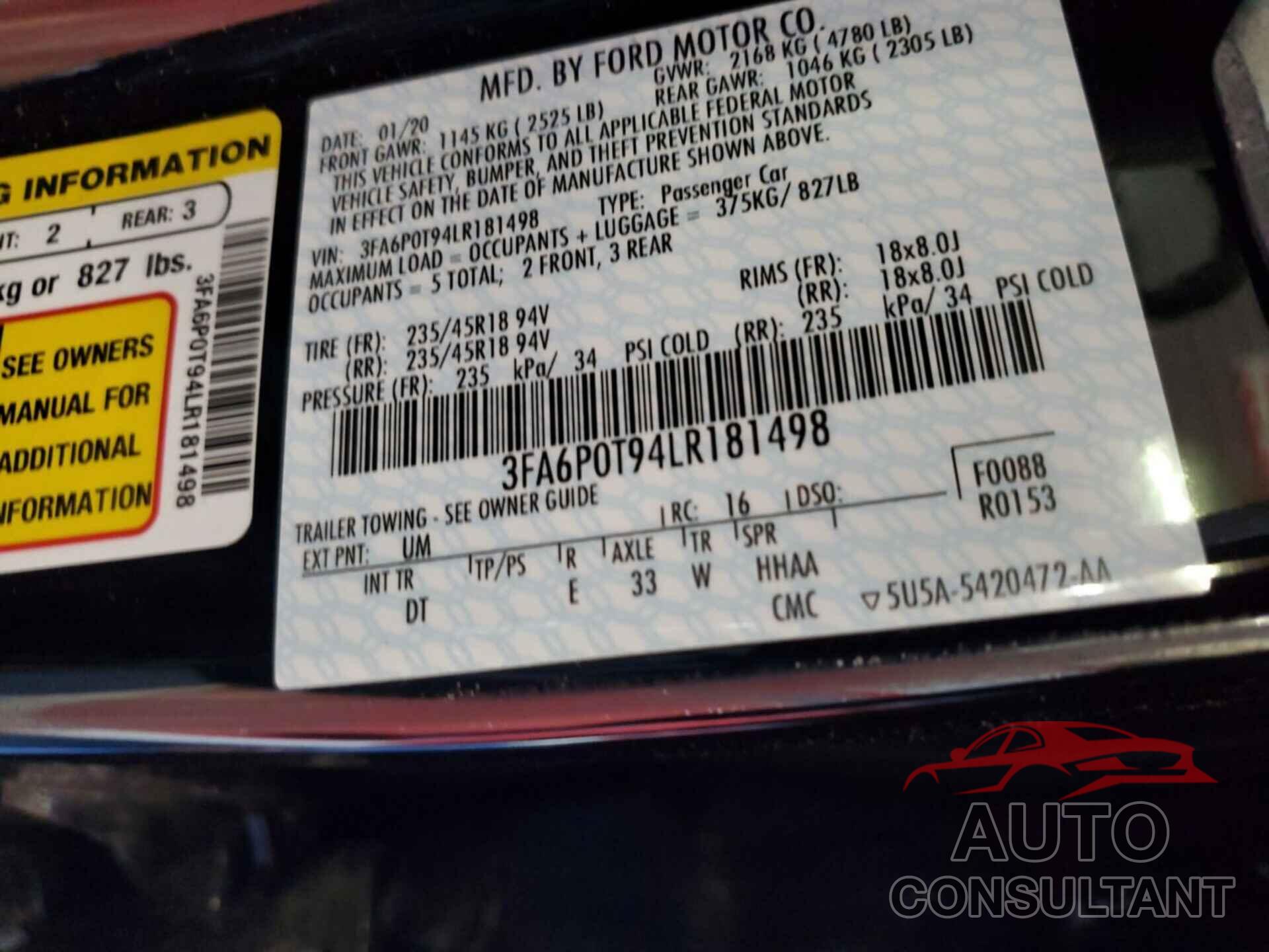 FORD FUSION 2020 - 3FA6P0T94LR181498