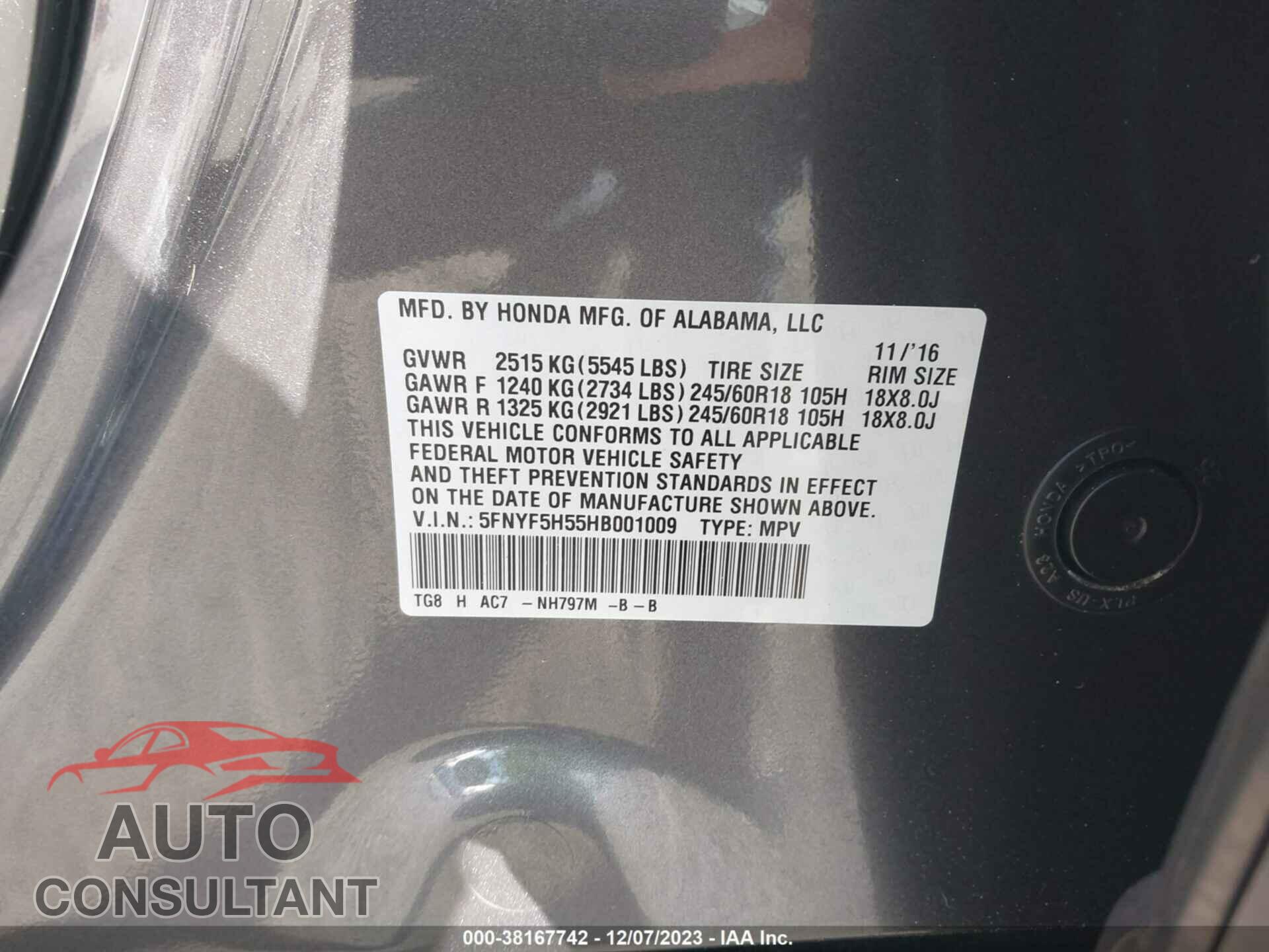 HONDA PILOT 2017 - 5FNYF5H55HB001009