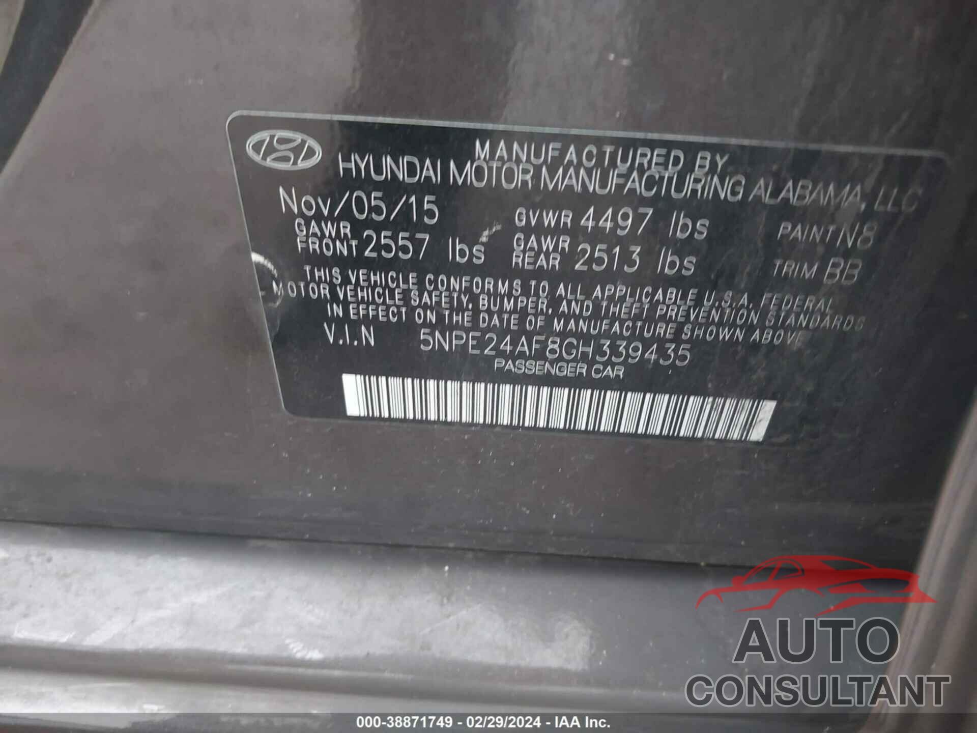 HYUNDAI SONATA 2016 - 5NPE24AF8GH339435