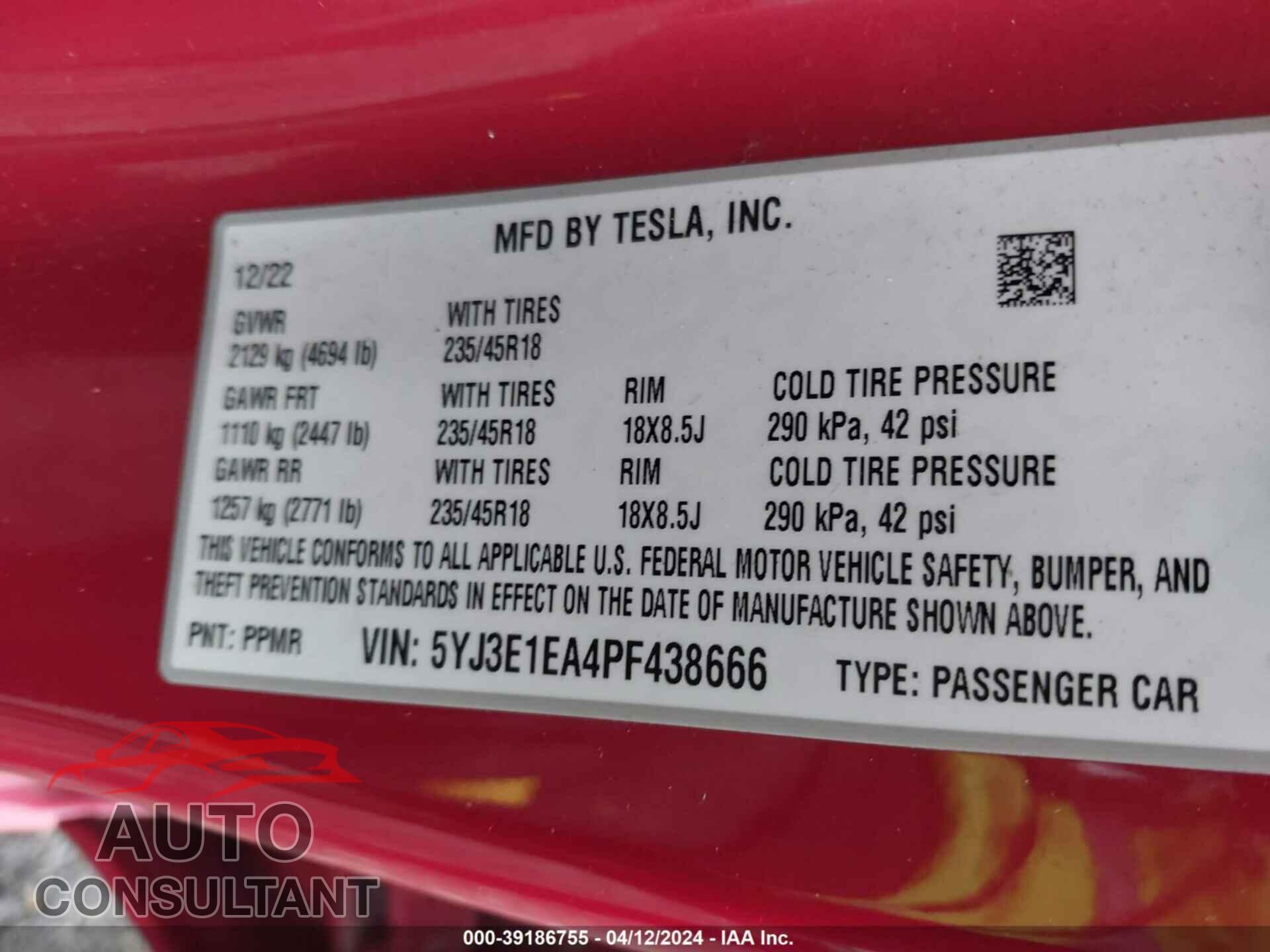 TESLA MODEL 3 2023 - 5YJ3E1EA4PF438666