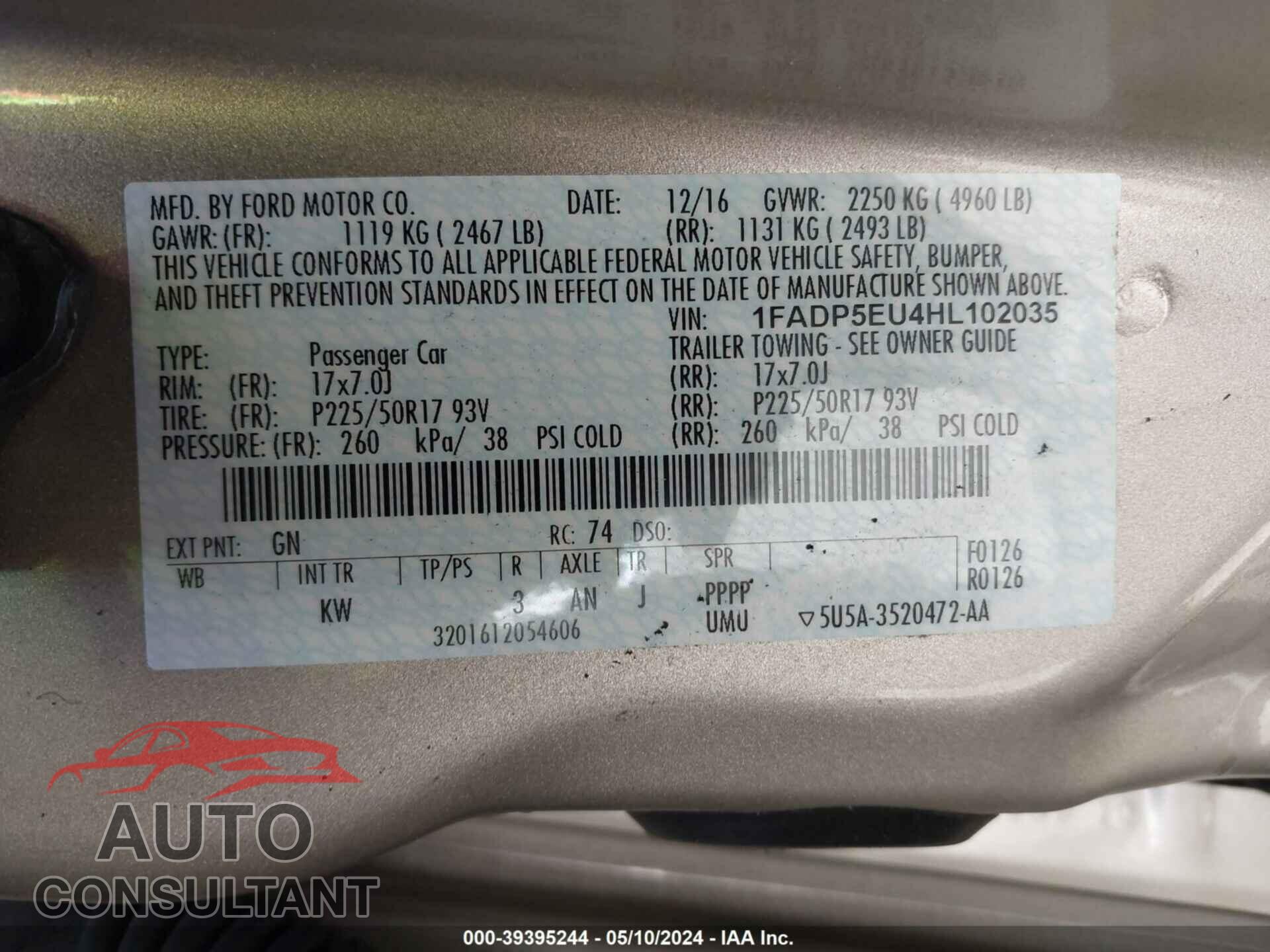 FORD C-MAX 2017 - 1FADP5EU4HL102035