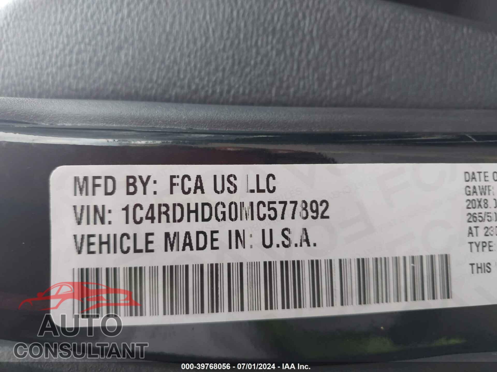 DODGE DURANGO 2021 - 1C4RDHDG0MC577892