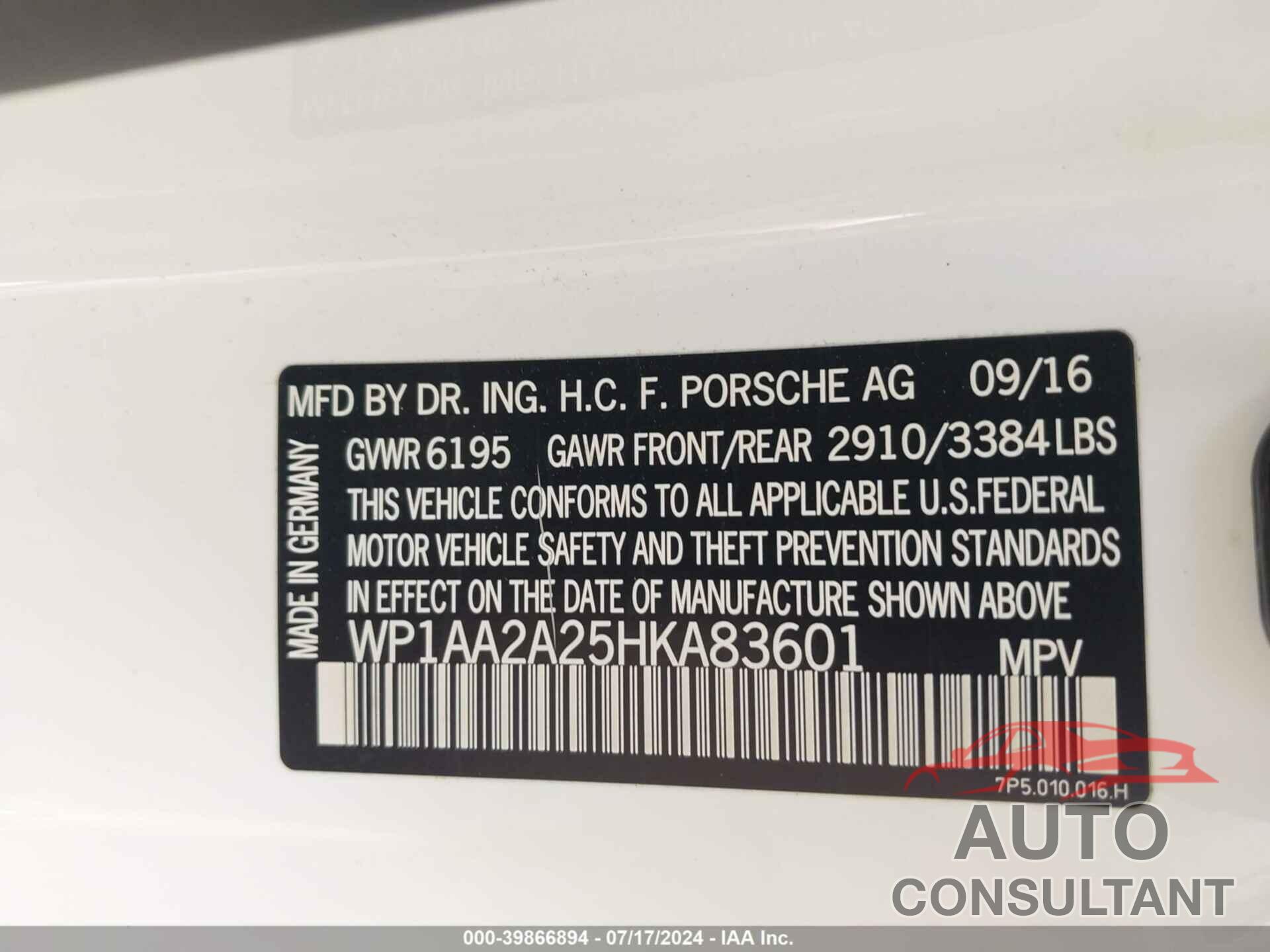 PORSCHE CAYENNE 2017 - WP1AA2A25HKA83601